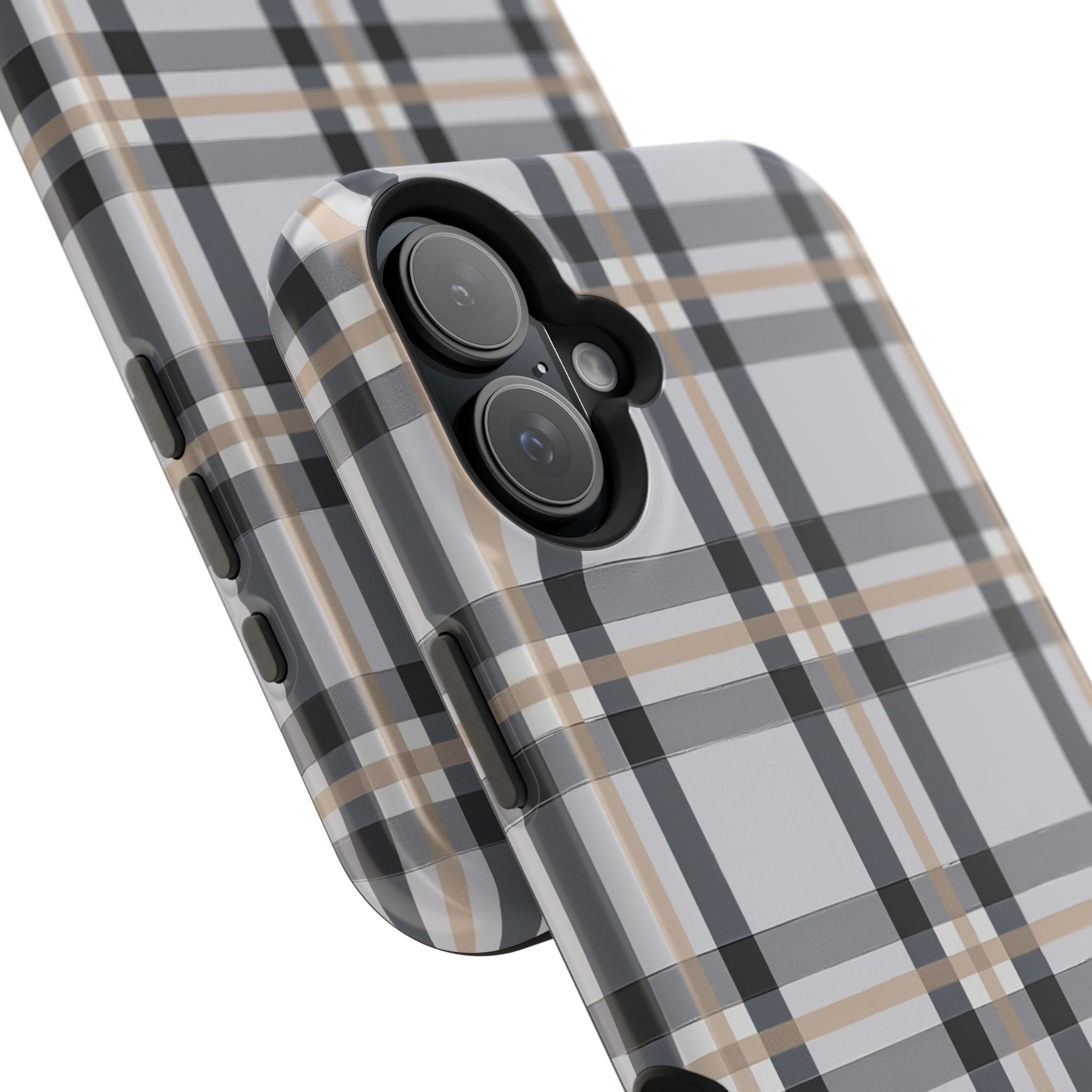 Plaid Magnetic Impact-Resistant Phone Case — Grey & Tan Classic Pattern