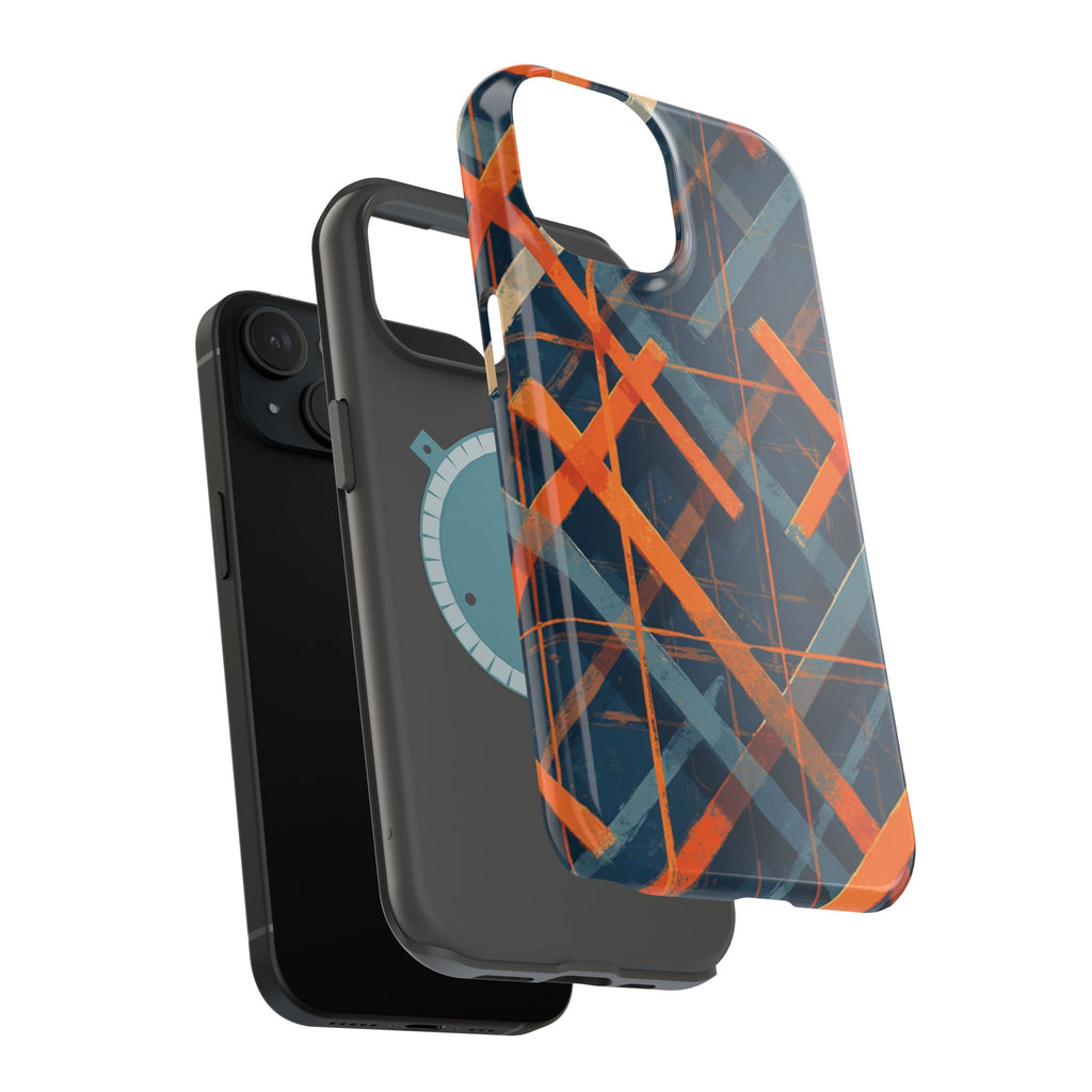 Magnetic Impact-Resistant Phone Case — Geometric Orange & Navy Plaid