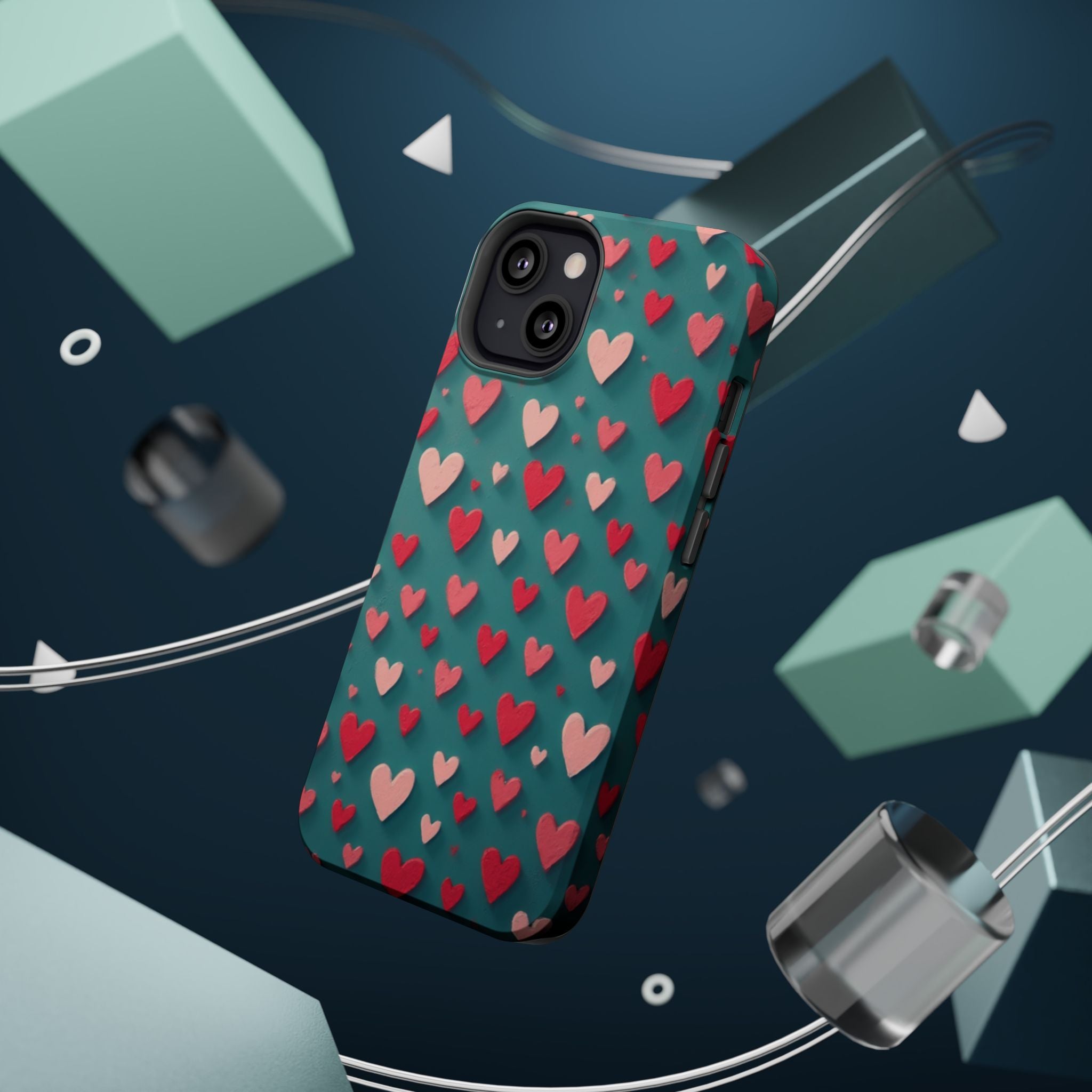 Magnetic Impact-Resistant Phone Case — Teal Love Hearts Pattern