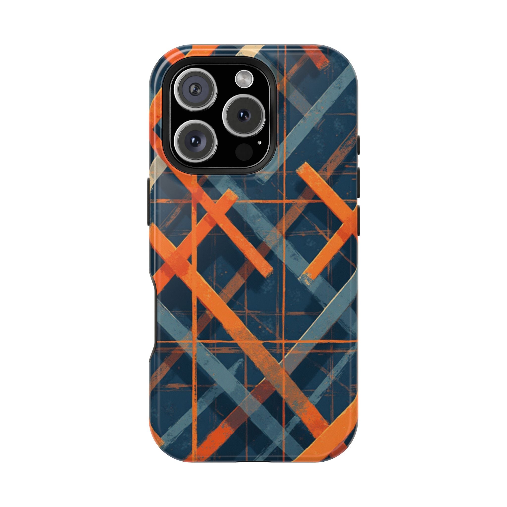 Magnetic Impact-Resistant Phone Case — Geometric Orange & Navy Plaid