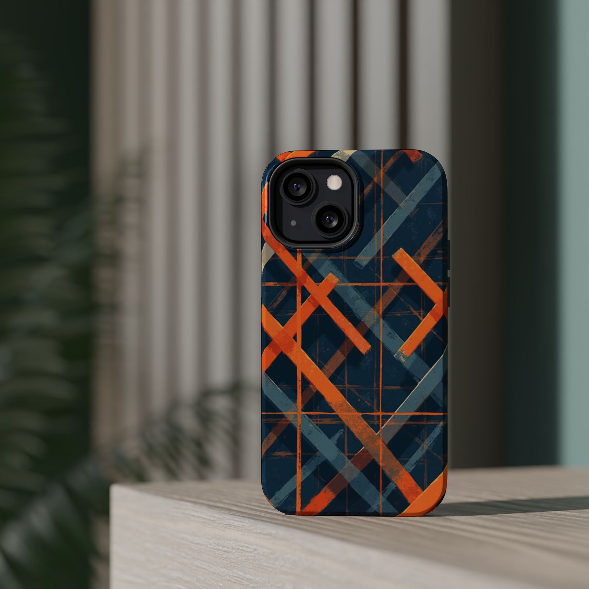 Magnetic Impact-Resistant Phone Case — Geometric Orange & Navy Plaid