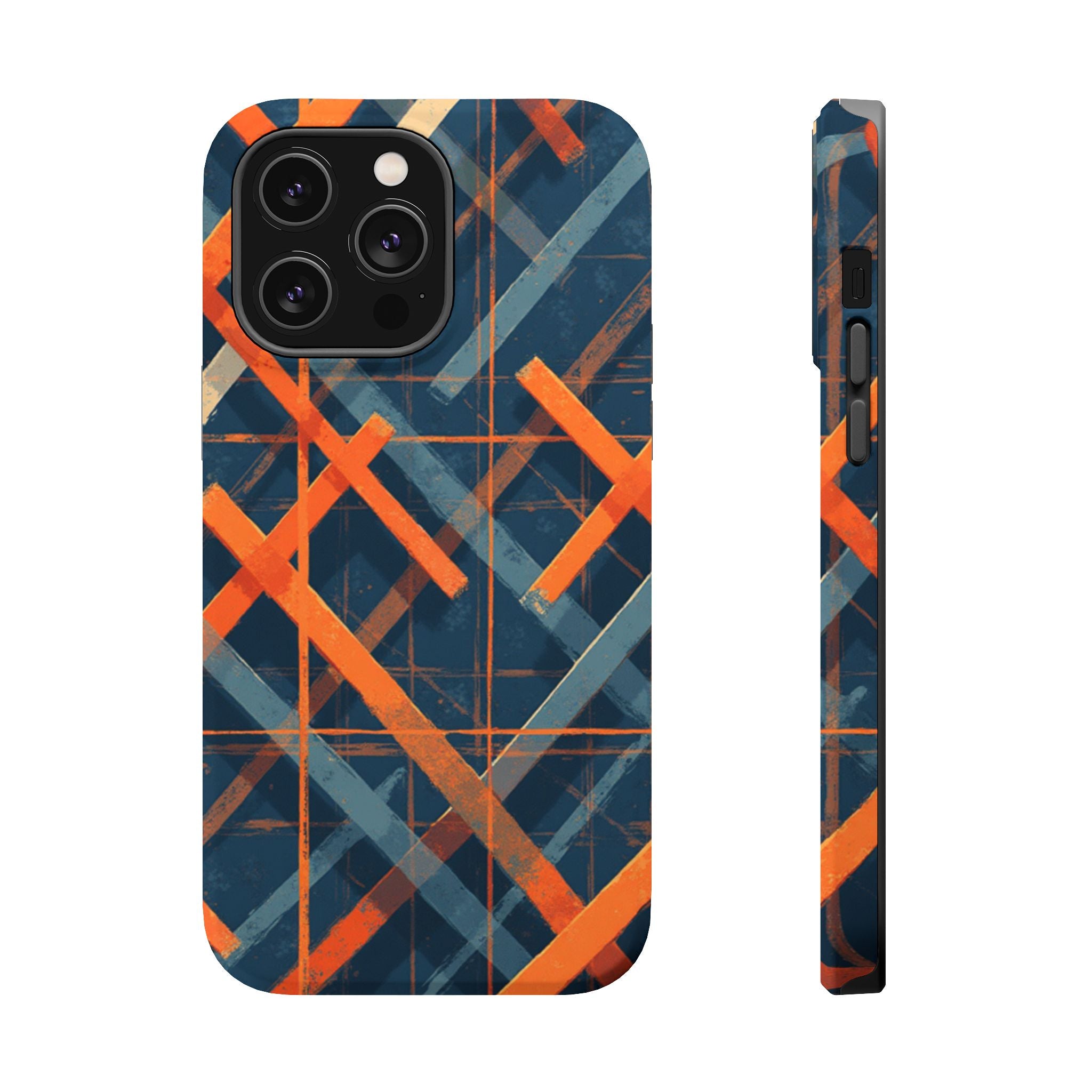 Magnetic Impact-Resistant Phone Case — Geometric Orange & Navy Plaid