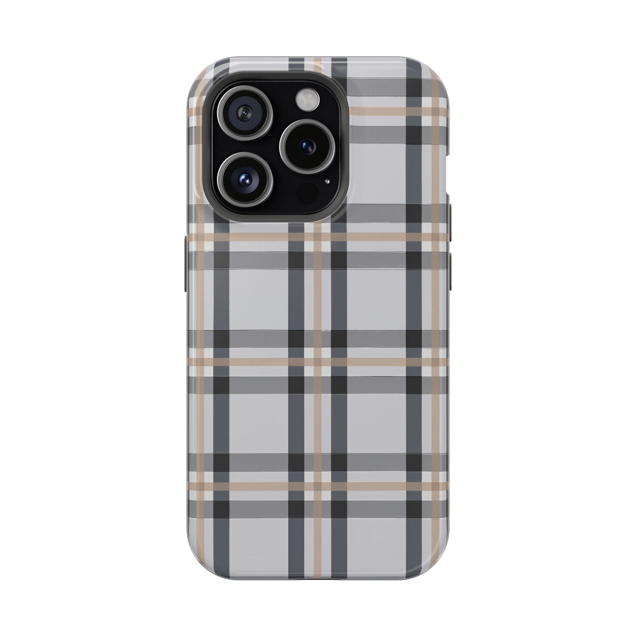Plaid Magnetic Impact-Resistant Phone Case — Grey & Tan Classic Pattern