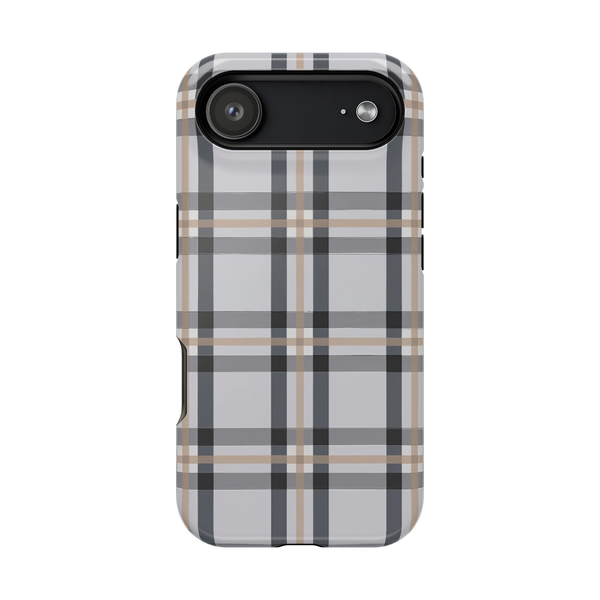 Plaid Magnetic Impact-Resistant Phone Case — Grey & Tan Classic Pattern