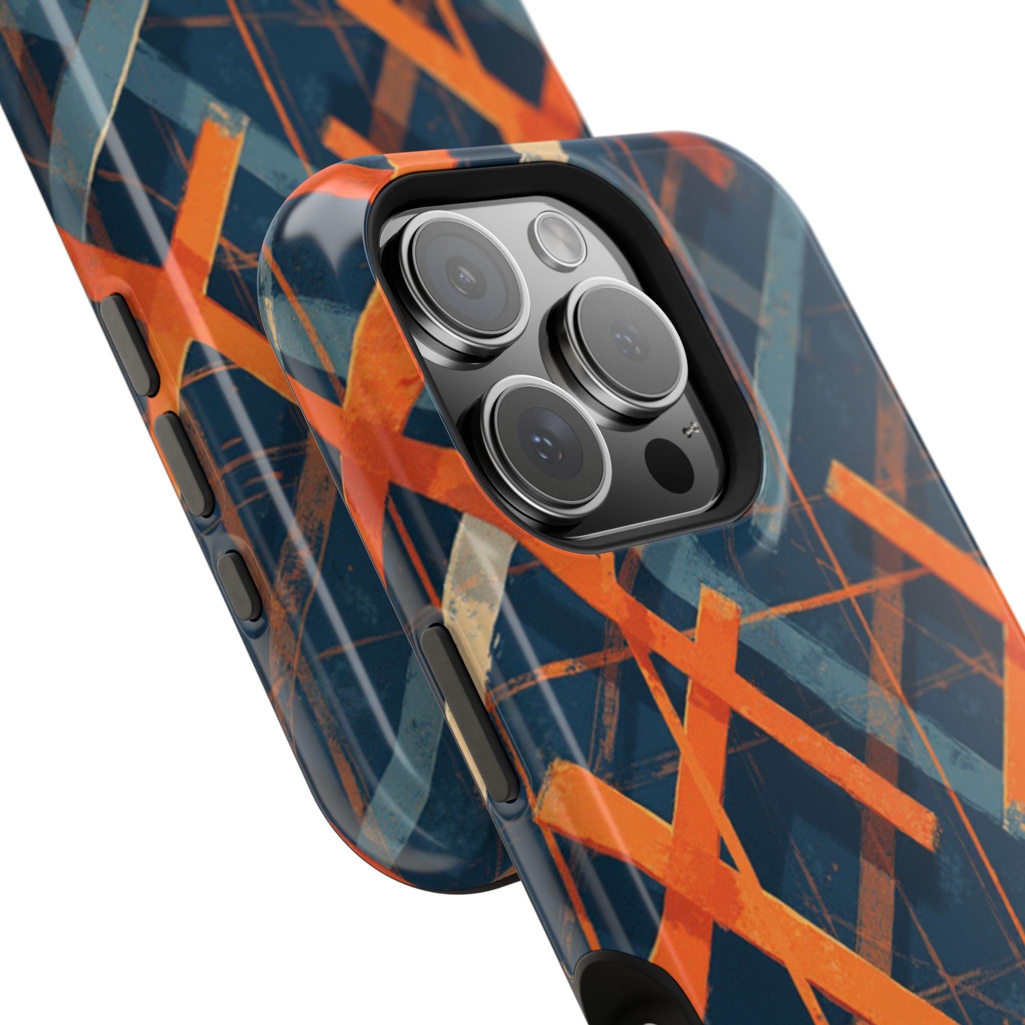 Magnetic Impact-Resistant Phone Case — Geometric Orange & Navy Plaid