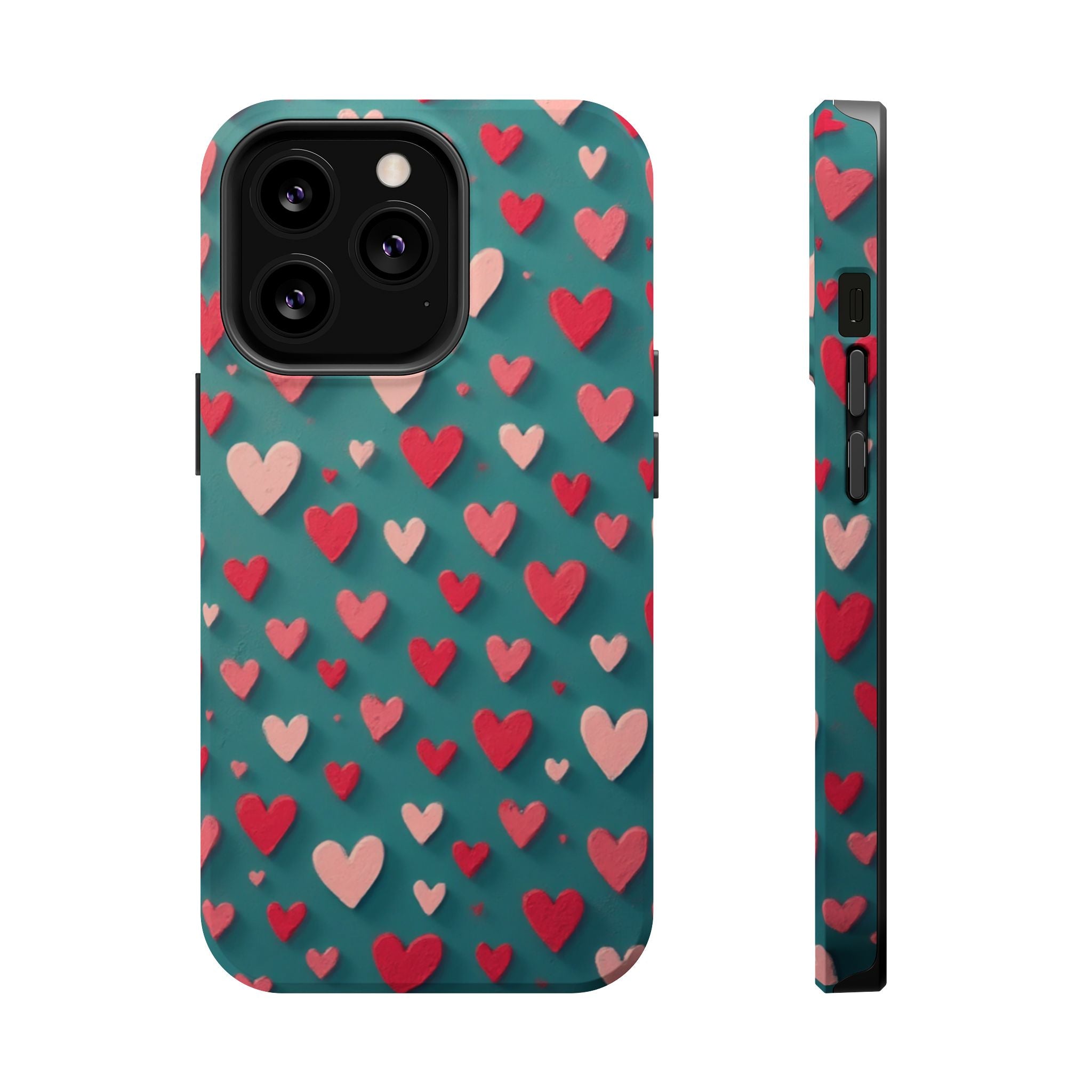 Magnetic Impact-Resistant Phone Case — Teal Love Hearts Pattern