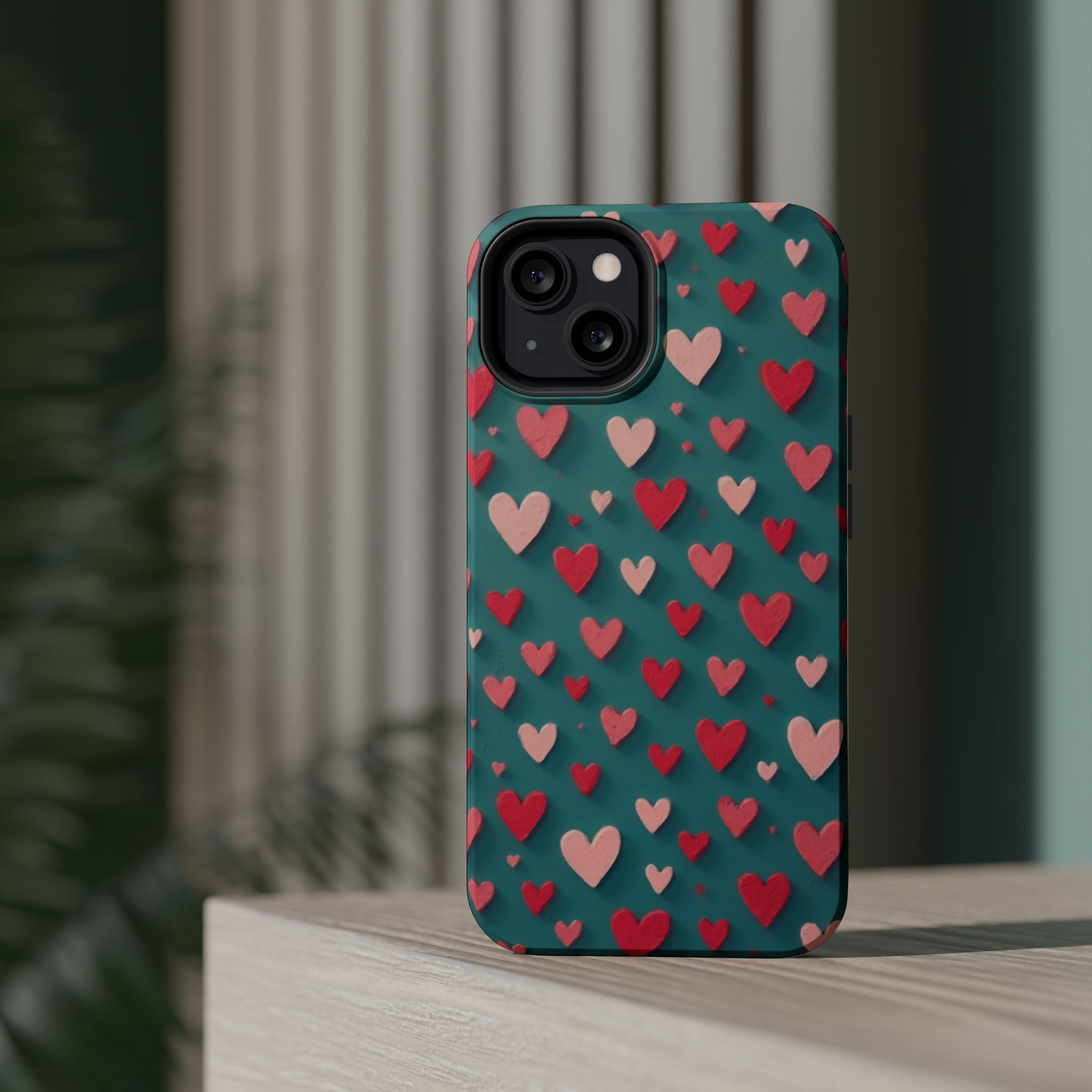 Magnetic Impact-Resistant Phone Case — Teal Love Hearts Pattern