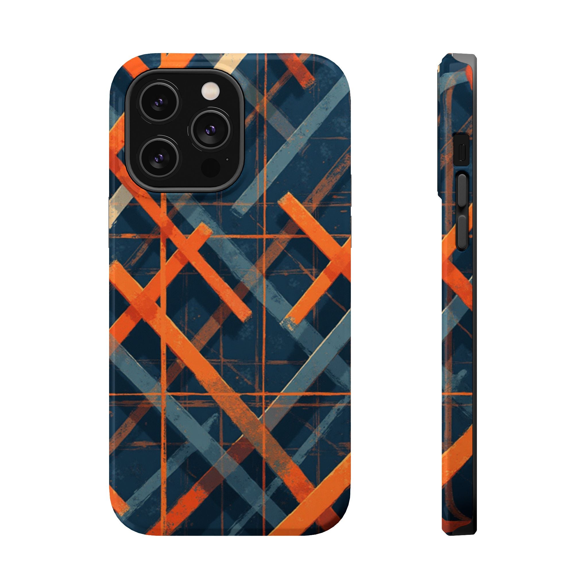 Magnetic Impact-Resistant Phone Case — Geometric Orange & Navy Plaid