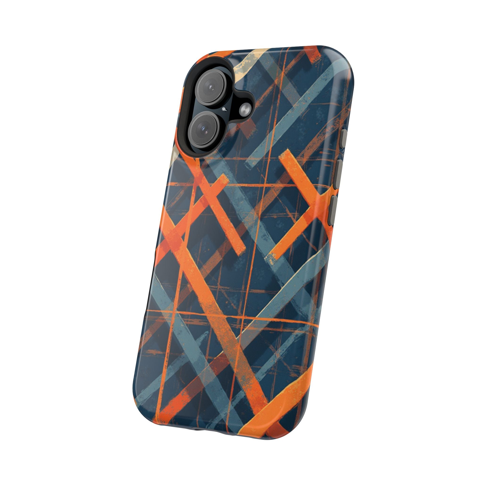 Magnetic Impact-Resistant Phone Case — Geometric Orange & Navy Plaid
