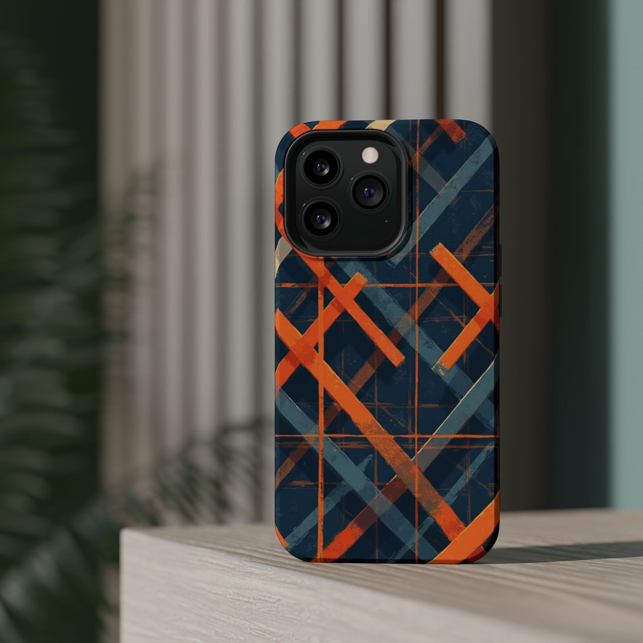 Magnetic Impact-Resistant Phone Case — Geometric Orange & Navy Plaid