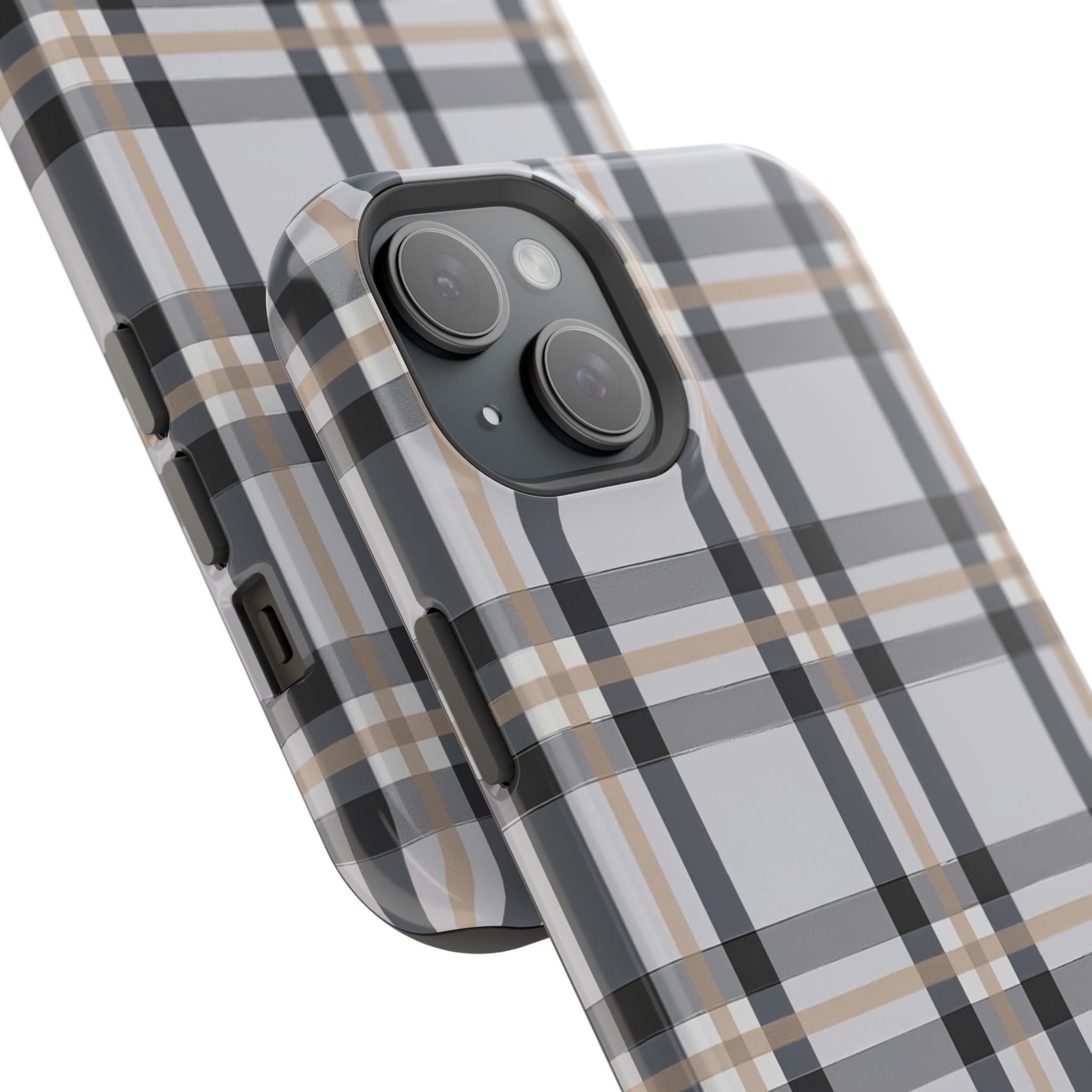Plaid Magnetic Impact-Resistant Phone Case — Grey & Tan Classic Pattern