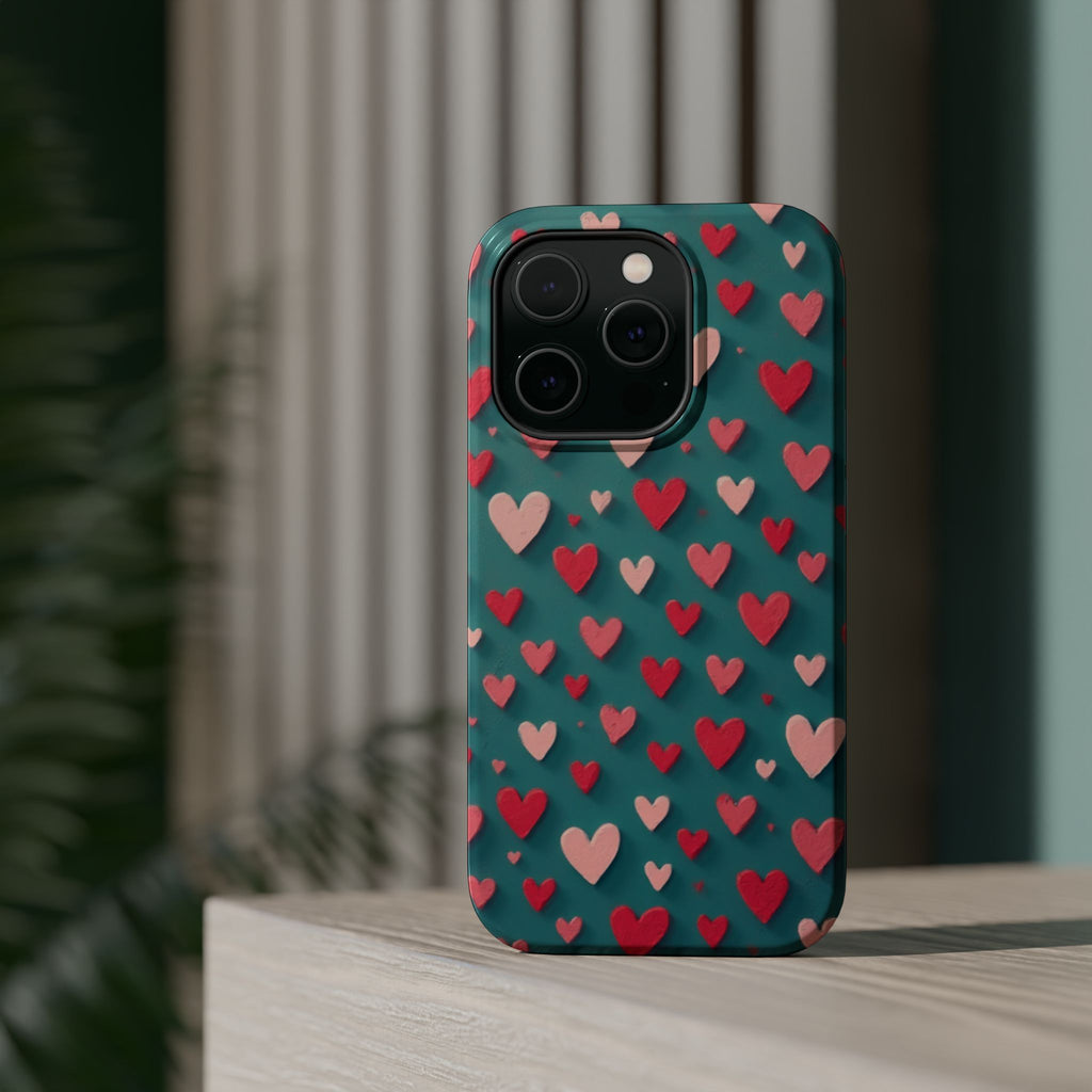Magnetic Impact-Resistant Phone Case — Teal Love Hearts Pattern
