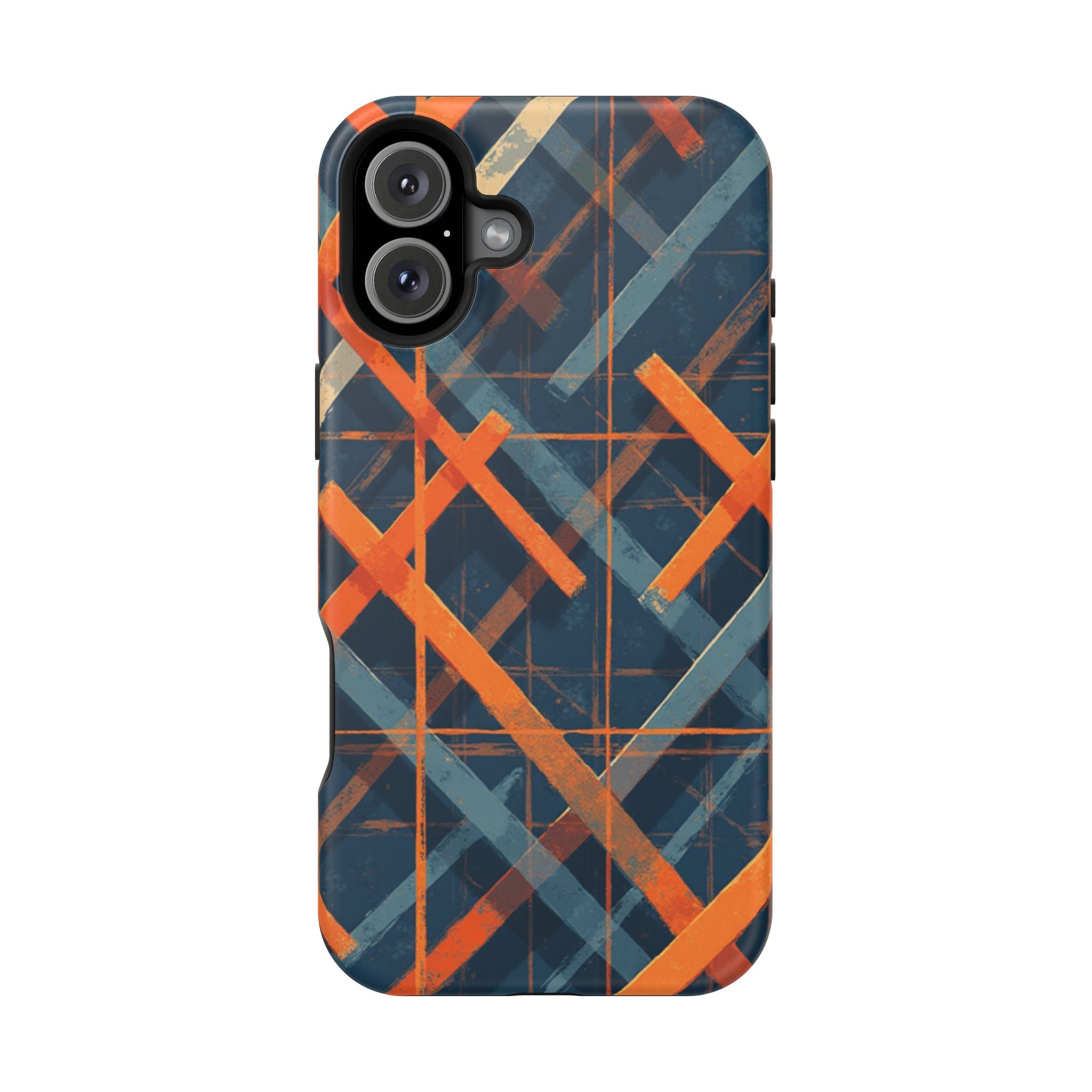 Magnetic Impact-Resistant Phone Case — Geometric Orange & Navy Plaid