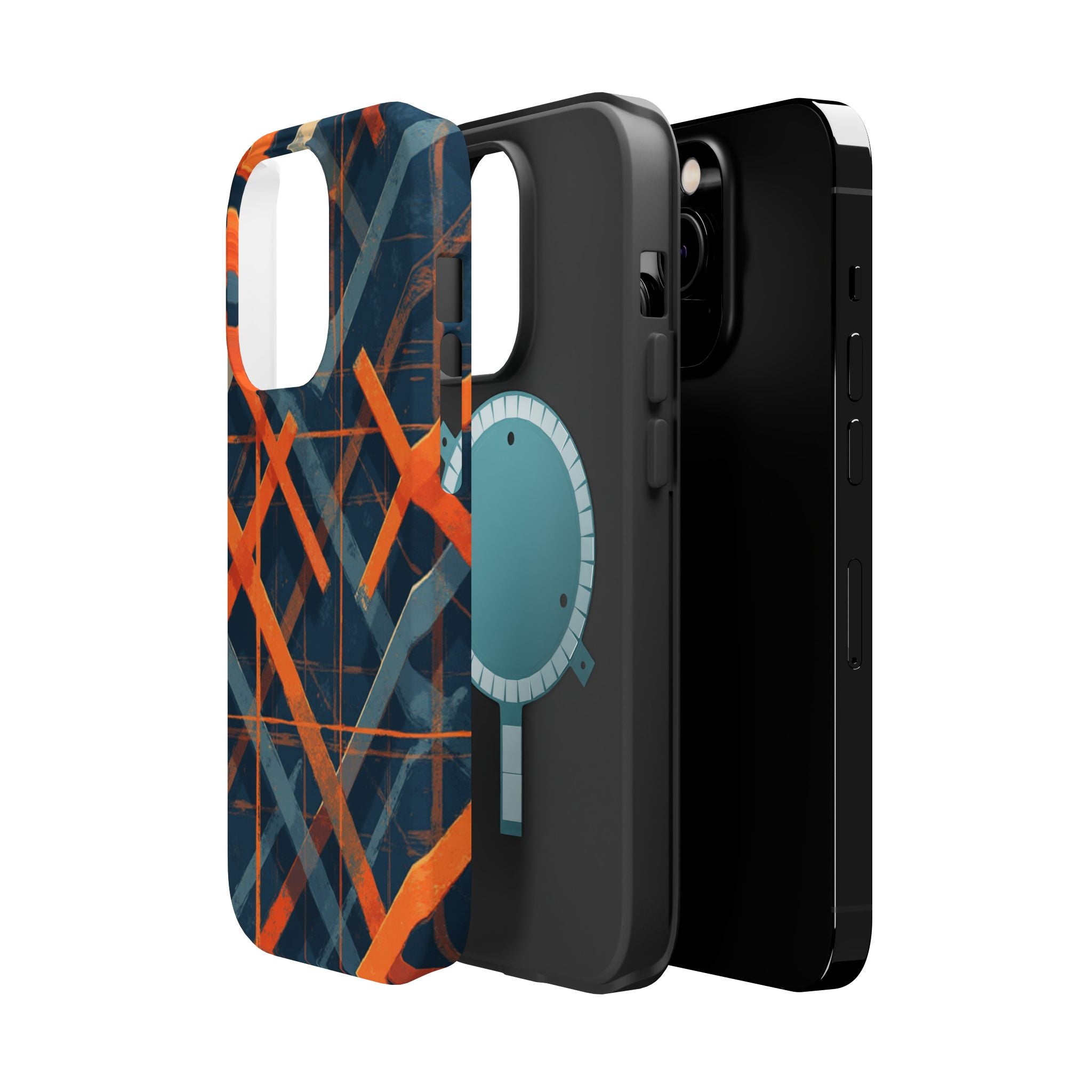 Magnetic Impact-Resistant Phone Case — Geometric Orange & Navy Plaid