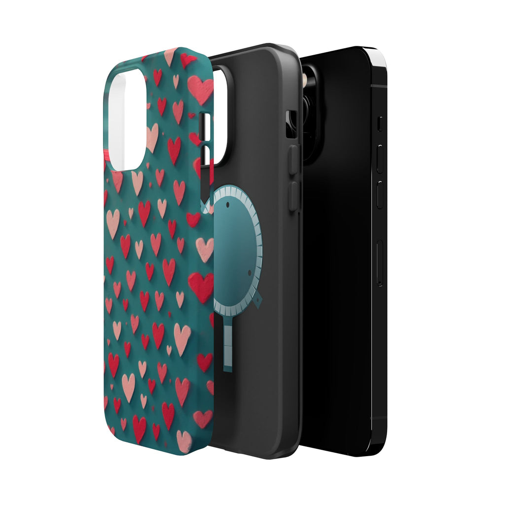Magnetic Impact-Resistant Phone Case — Teal Love Hearts Pattern