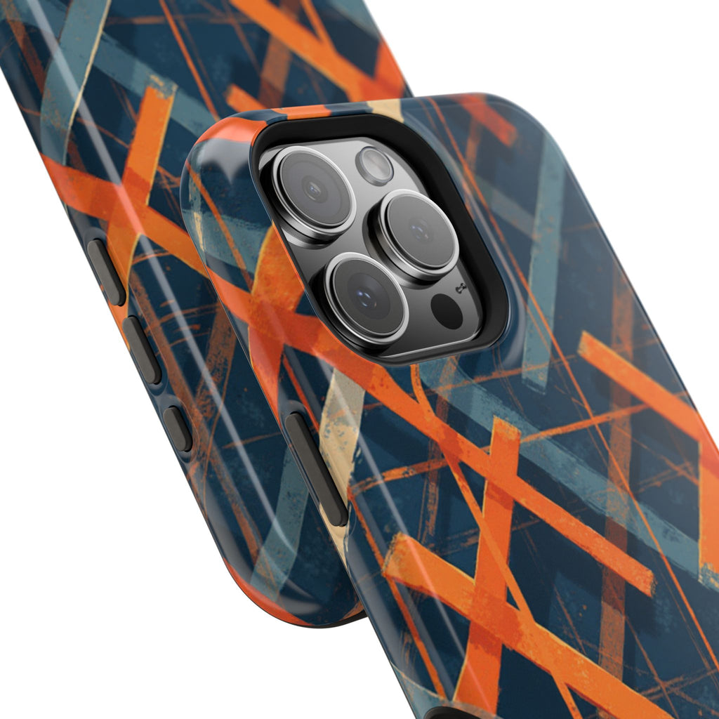 Magnetic Impact-Resistant Phone Case — Geometric Orange & Navy Plaid