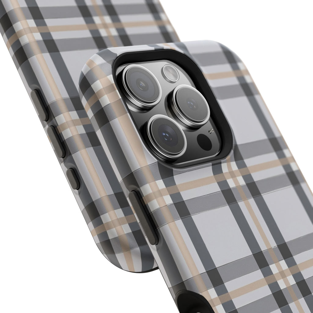 Plaid Magnetic Impact-Resistant Phone Case — Grey & Tan Classic Pattern