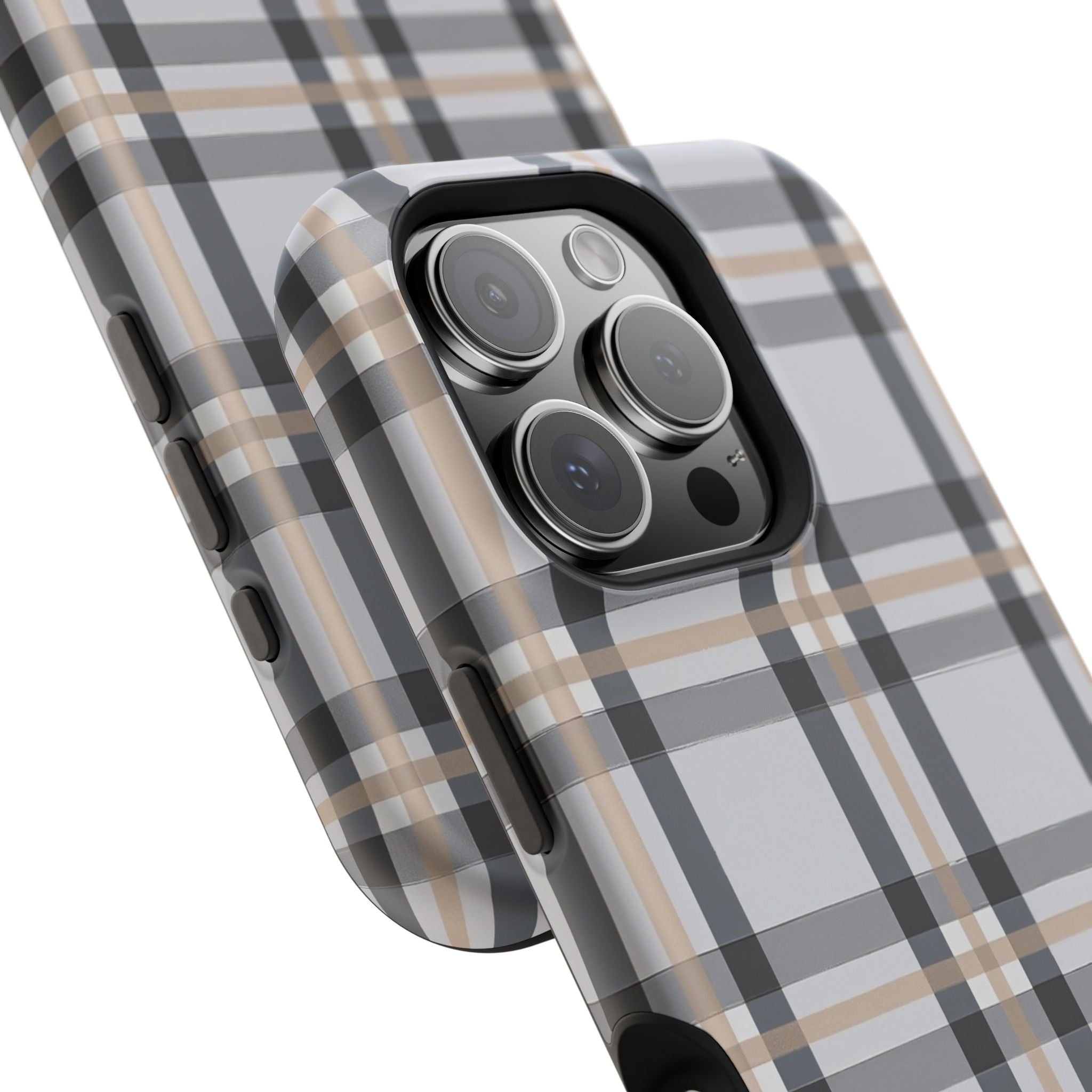 Plaid Magnetic Impact-Resistant Phone Case — Grey & Tan Classic Pattern