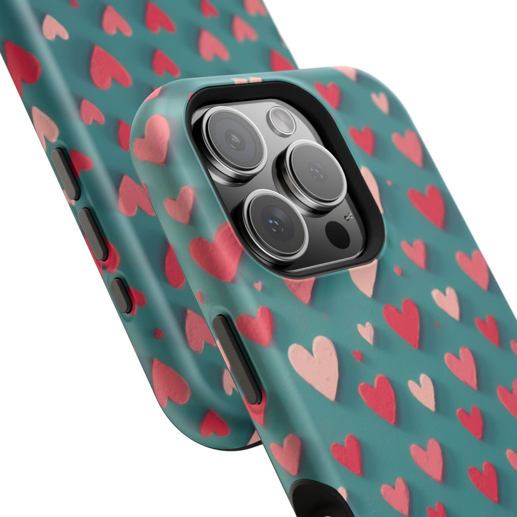 Magnetic Impact-Resistant Phone Case — Teal Love Hearts Pattern