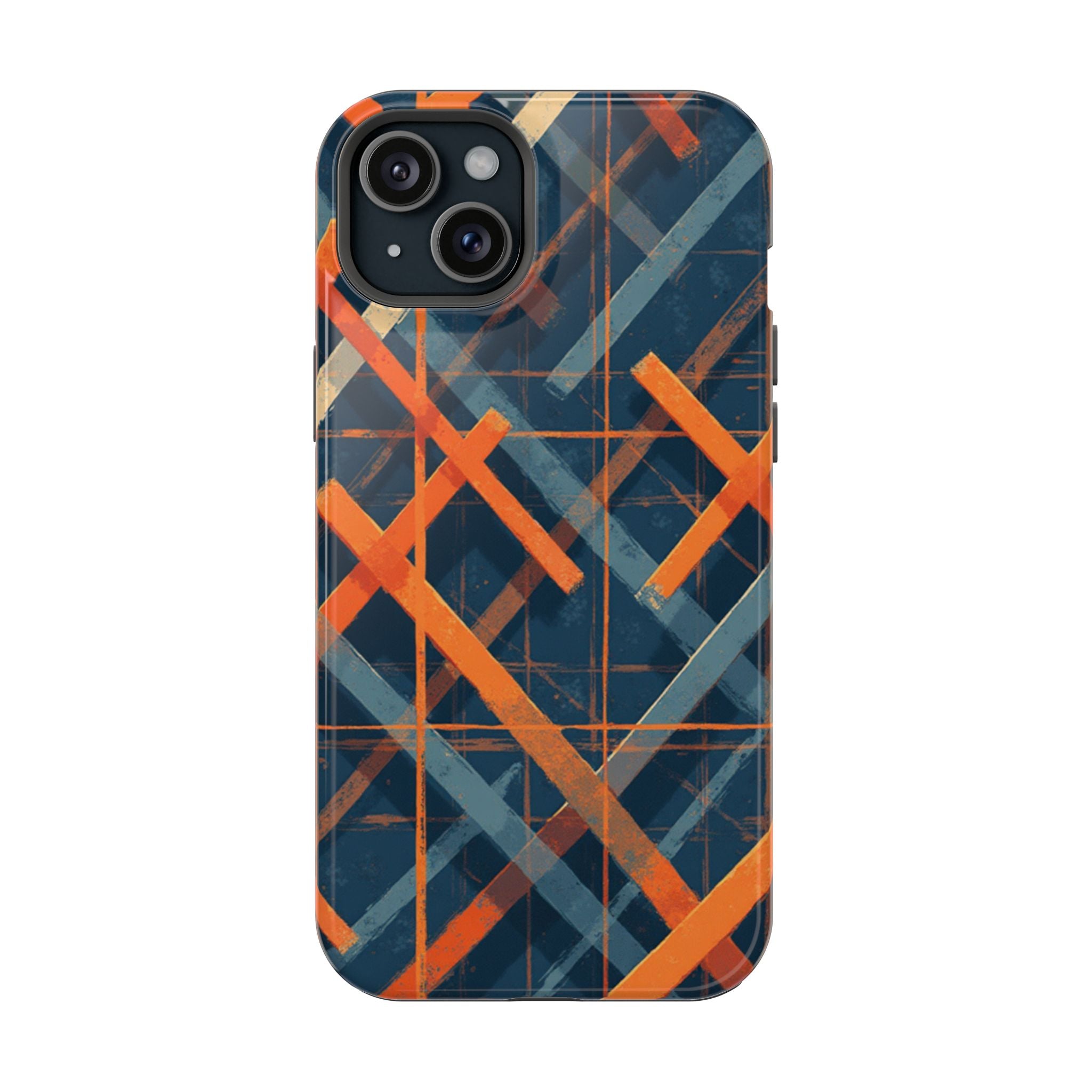 Magnetic Impact-Resistant Phone Case — Geometric Orange & Navy Plaid