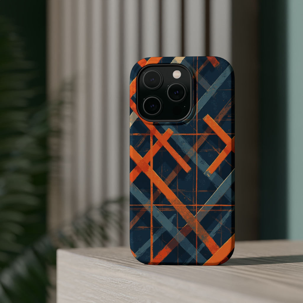 Magnetic Impact-Resistant Phone Case — Geometric Orange & Navy Plaid