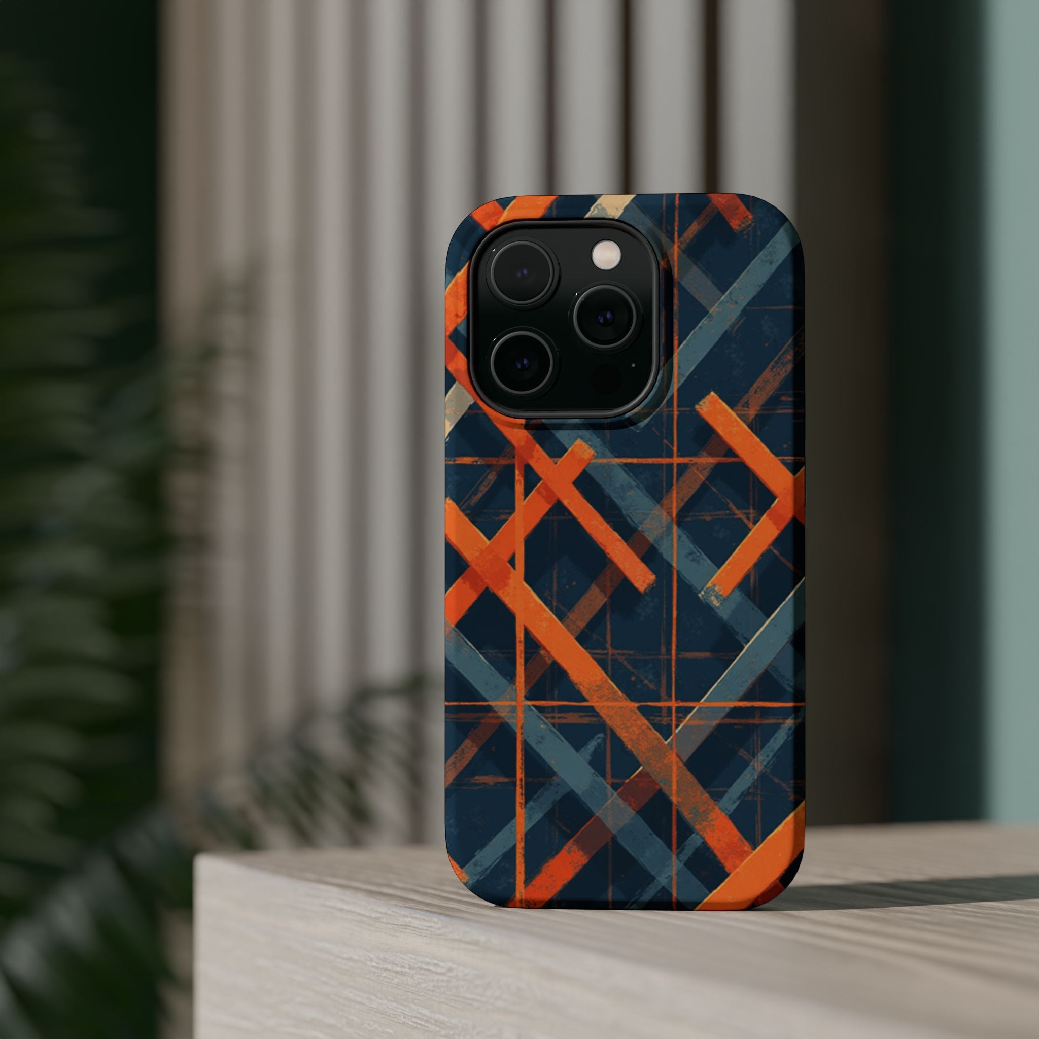 Magnetic Impact-Resistant Phone Case — Geometric Orange & Navy Plaid