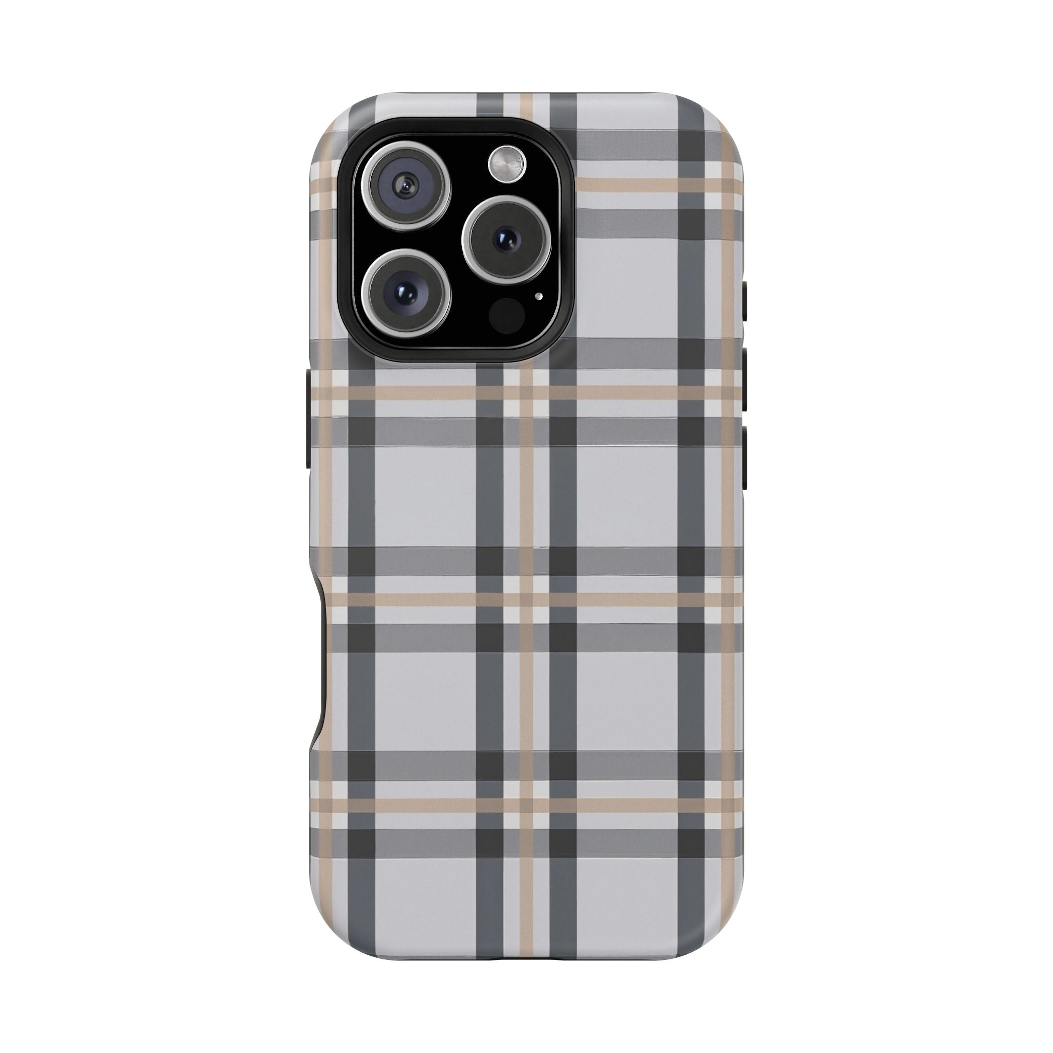 Plaid Magnetic Impact-Resistant Phone Case — Grey & Tan Classic Pattern