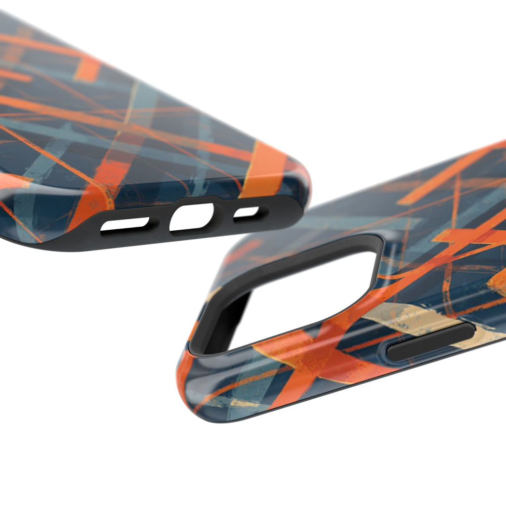 Magnetic Impact-Resistant Phone Case — Geometric Orange & Navy Plaid