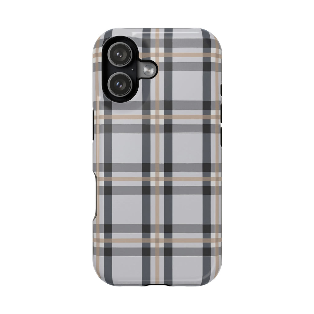 Plaid Magnetic Impact-Resistant Phone Case — Grey & Tan Classic Pattern