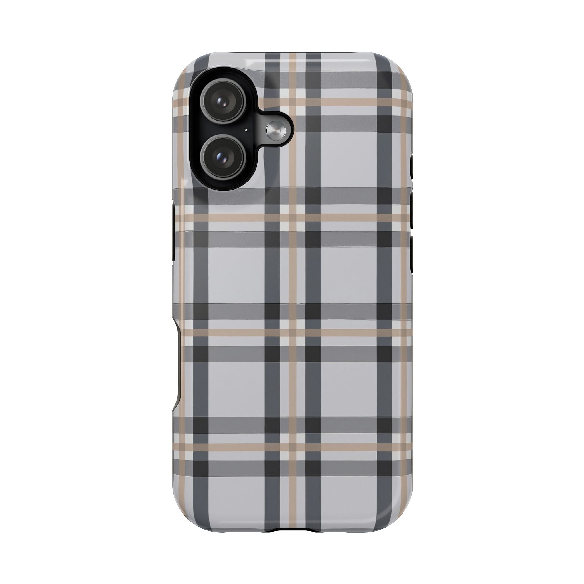 Plaid Magnetic Impact-Resistant Phone Case — Grey & Tan Classic Pattern