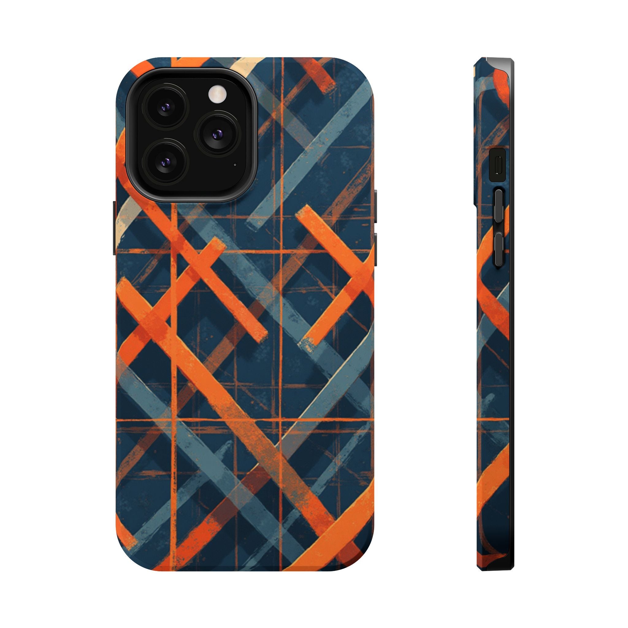Magnetic Impact-Resistant Phone Case — Geometric Orange & Navy Plaid