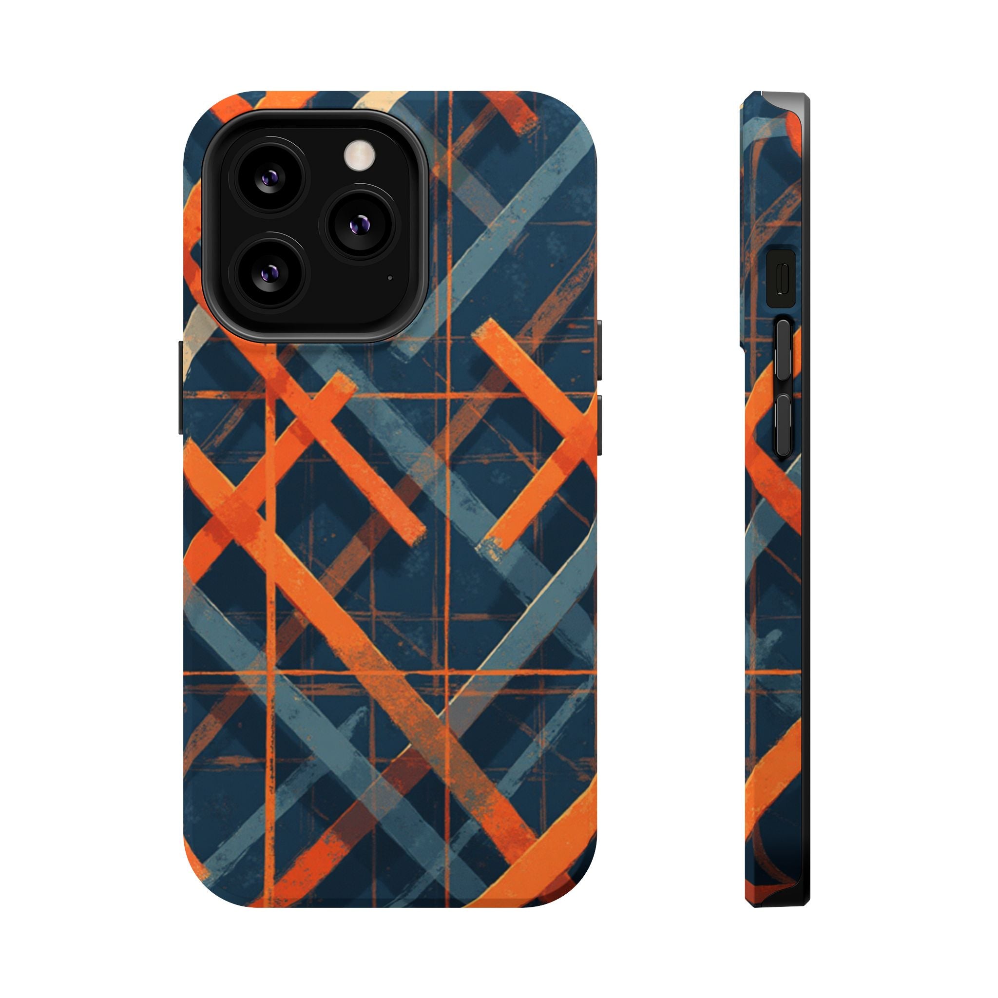 Magnetic Impact-Resistant Phone Case — Geometric Orange & Navy Plaid