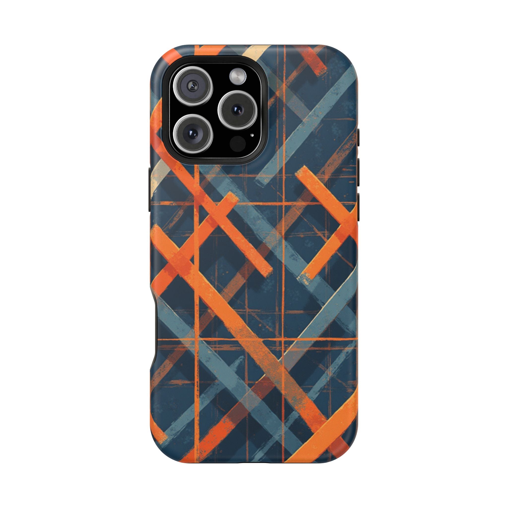 Magnetic Impact-Resistant Phone Case — Geometric Orange & Navy Plaid