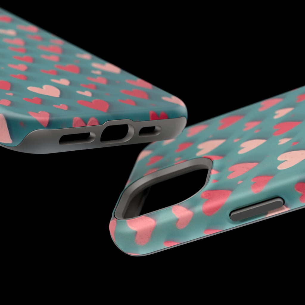 Magnetic Impact-Resistant Phone Case — Teal Love Hearts Pattern