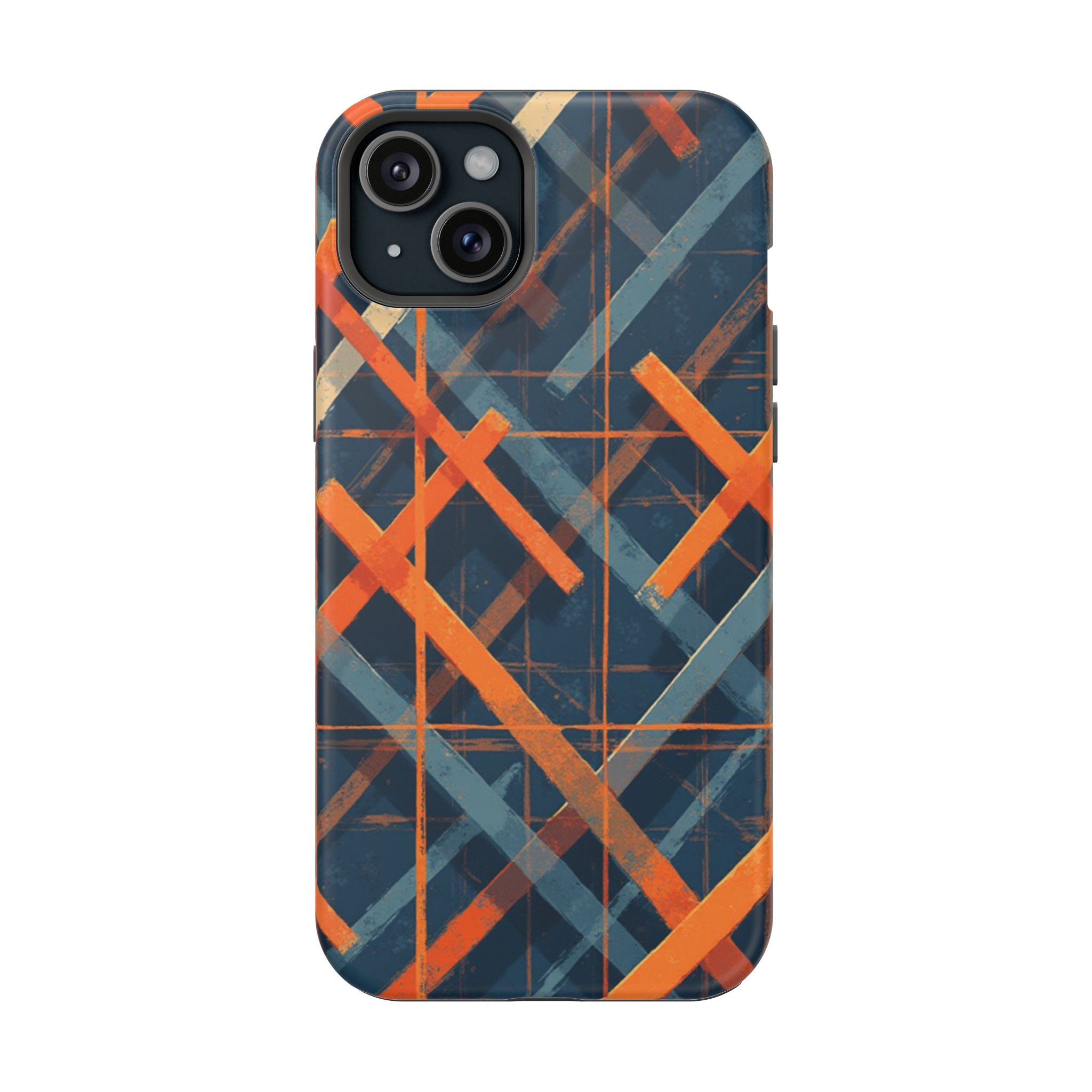 Magnetic Impact-Resistant Phone Case — Geometric Orange & Navy Plaid