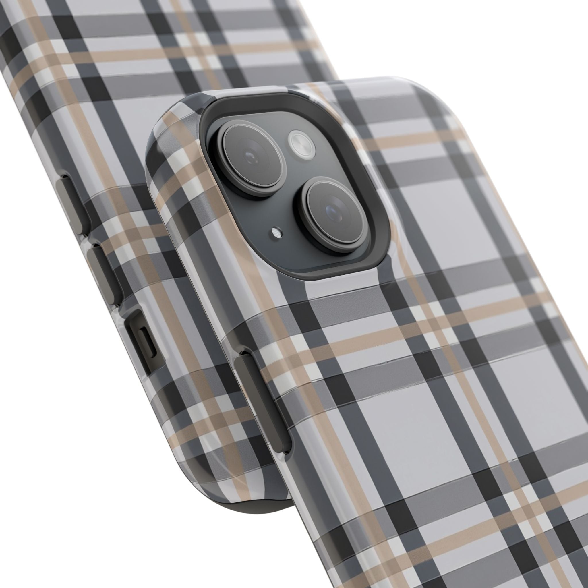 Plaid Magnetic Impact-Resistant Phone Case — Grey & Tan Classic Pattern