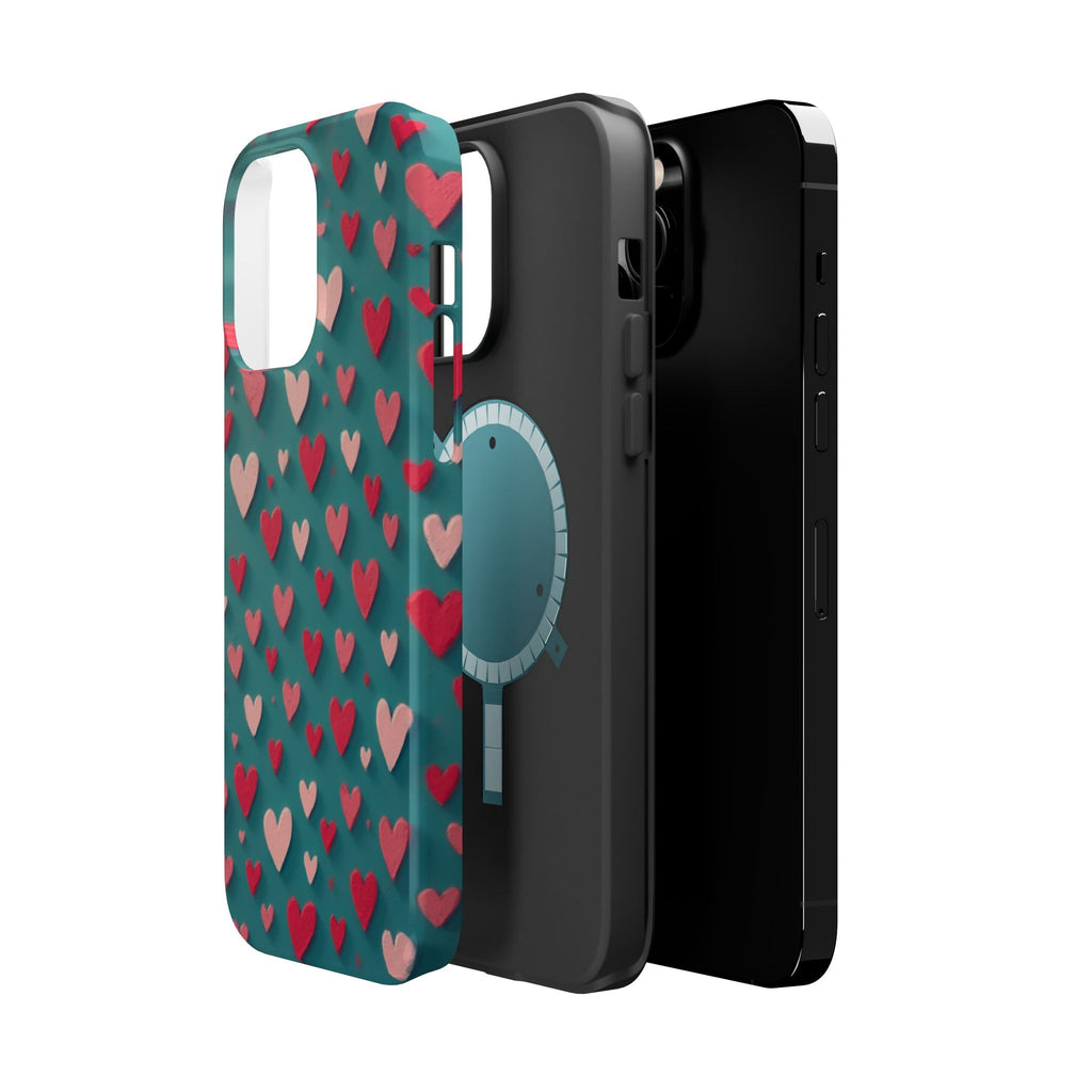 Magnetic Impact-Resistant Phone Case — Teal Love Hearts Pattern