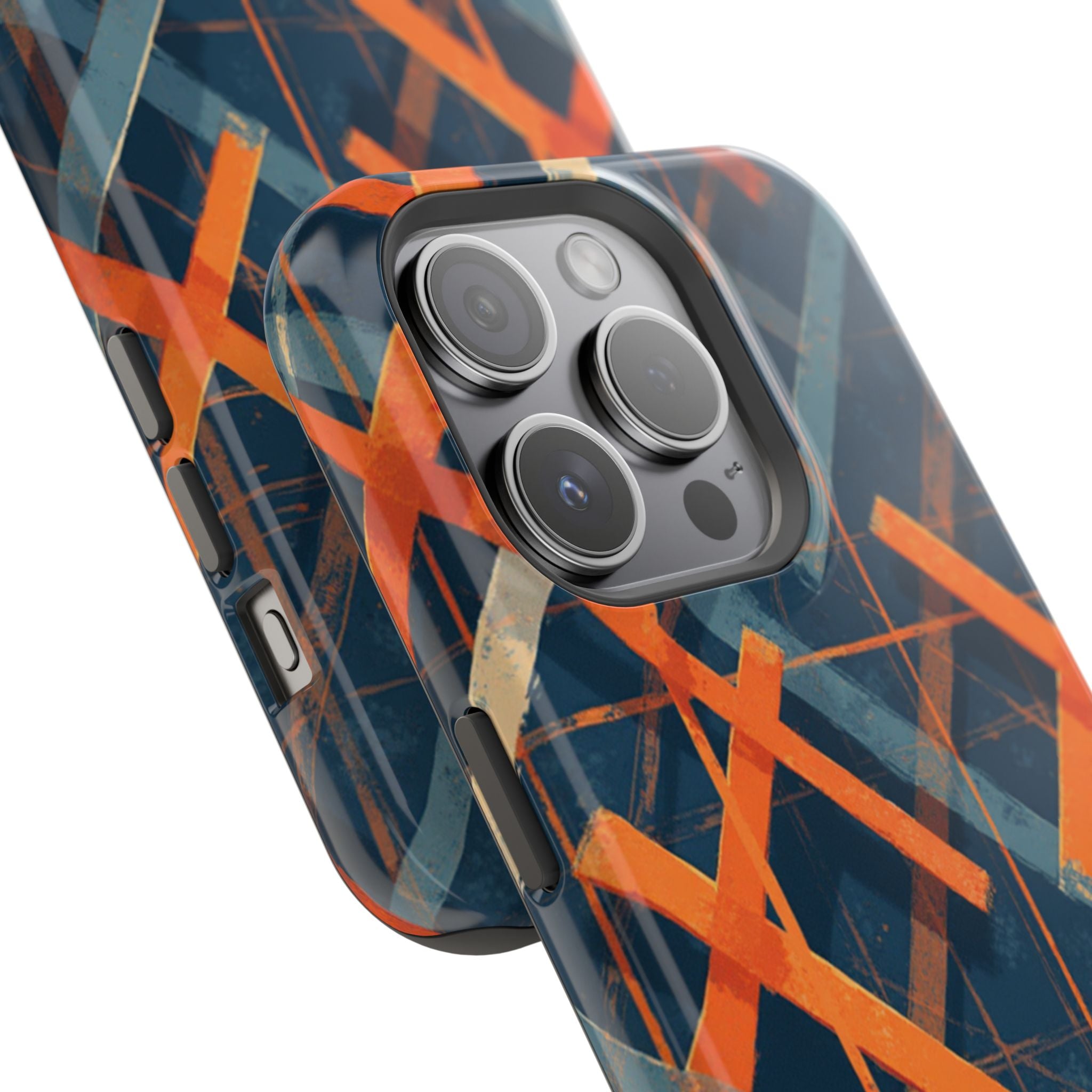Magnetic Impact-Resistant Phone Case — Geometric Orange & Navy Plaid