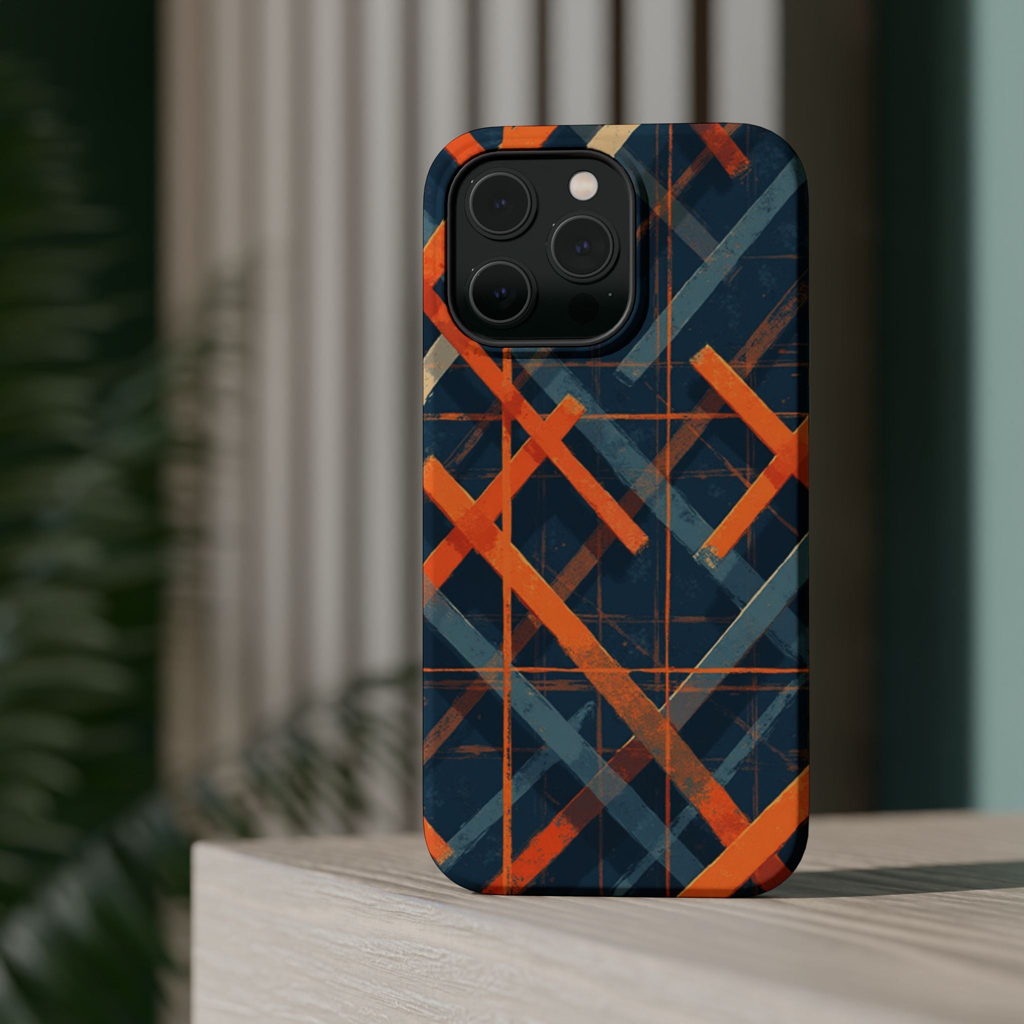 Magnetic Impact-Resistant Phone Case — Geometric Orange & Navy Plaid