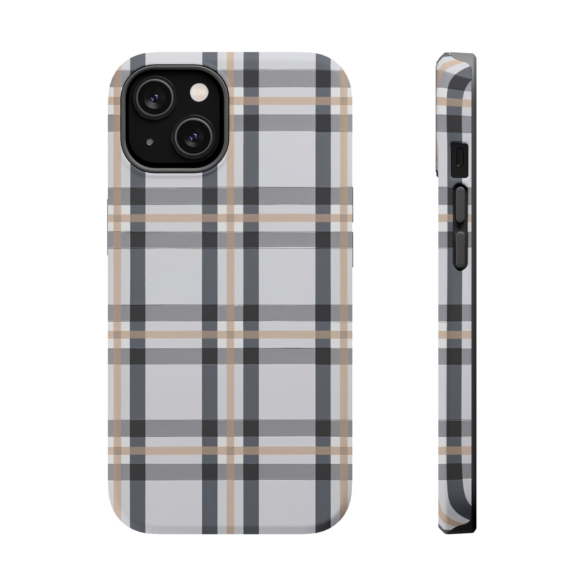 Plaid Magnetic Impact-Resistant Phone Case — Grey & Tan Classic Pattern