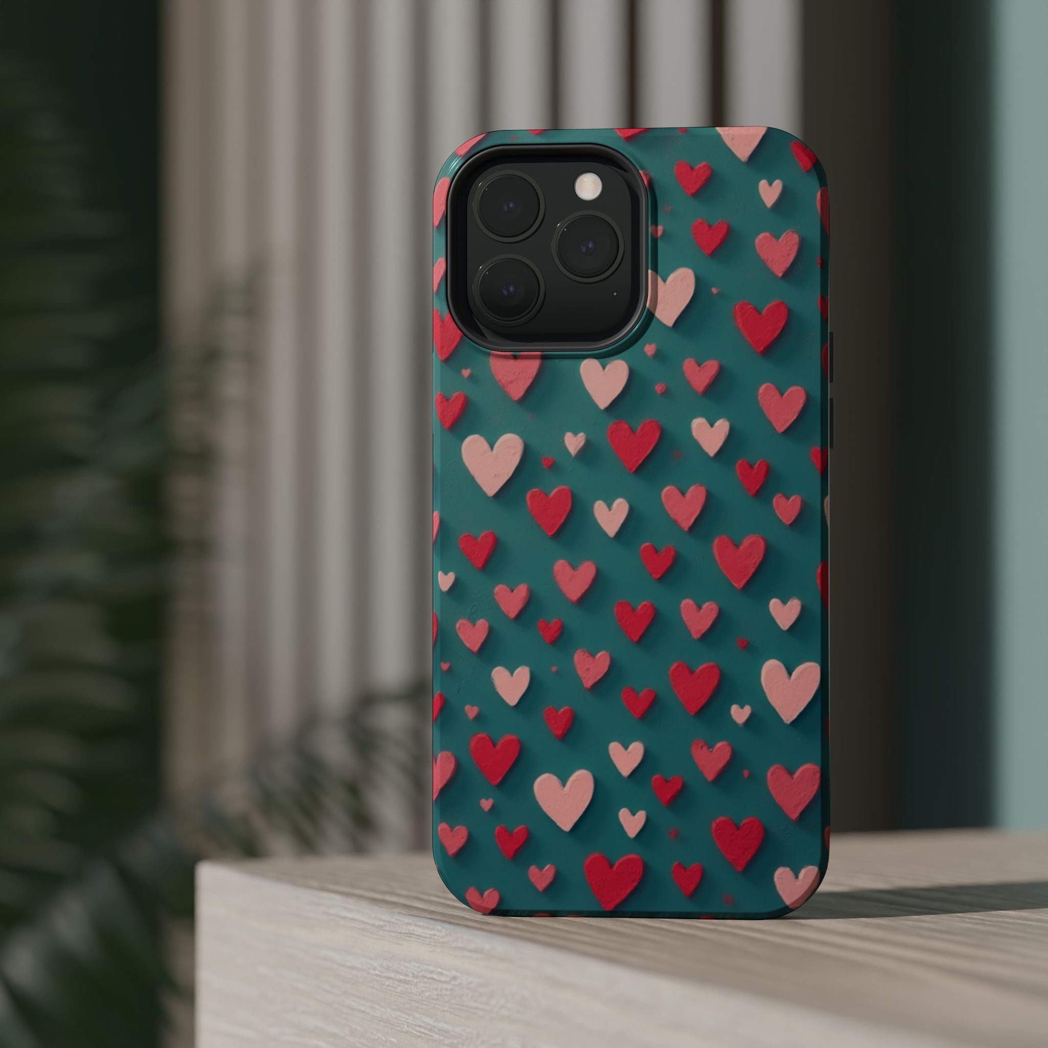 Magnetic Impact-Resistant Phone Case — Teal Love Hearts Pattern