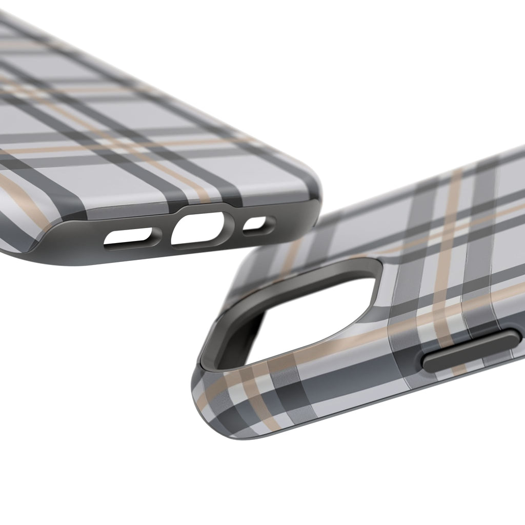 Plaid Magnetic Impact-Resistant Phone Case — Grey & Tan Classic Pattern