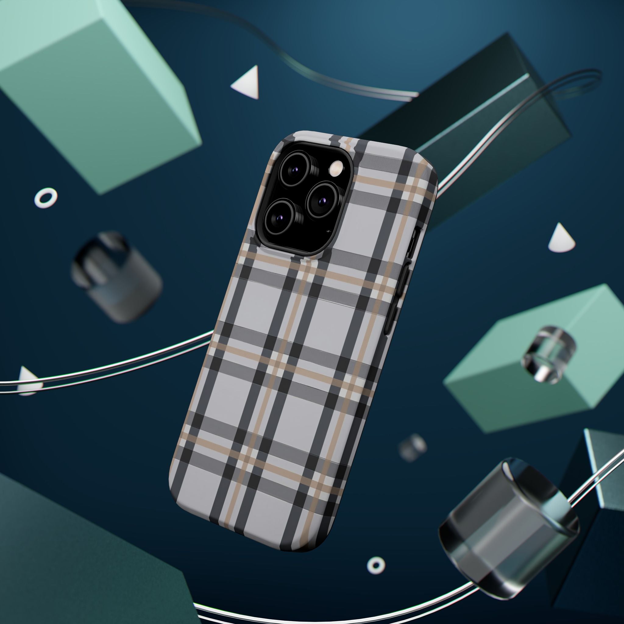 Plaid Magnetic Impact-Resistant Phone Case — Grey & Tan Classic Pattern