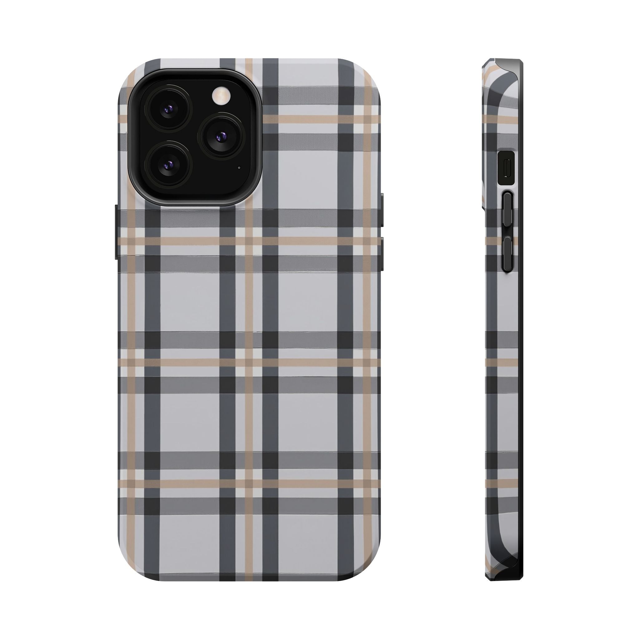 Plaid Magnetic Impact-Resistant Phone Case — Grey & Tan Classic Pattern