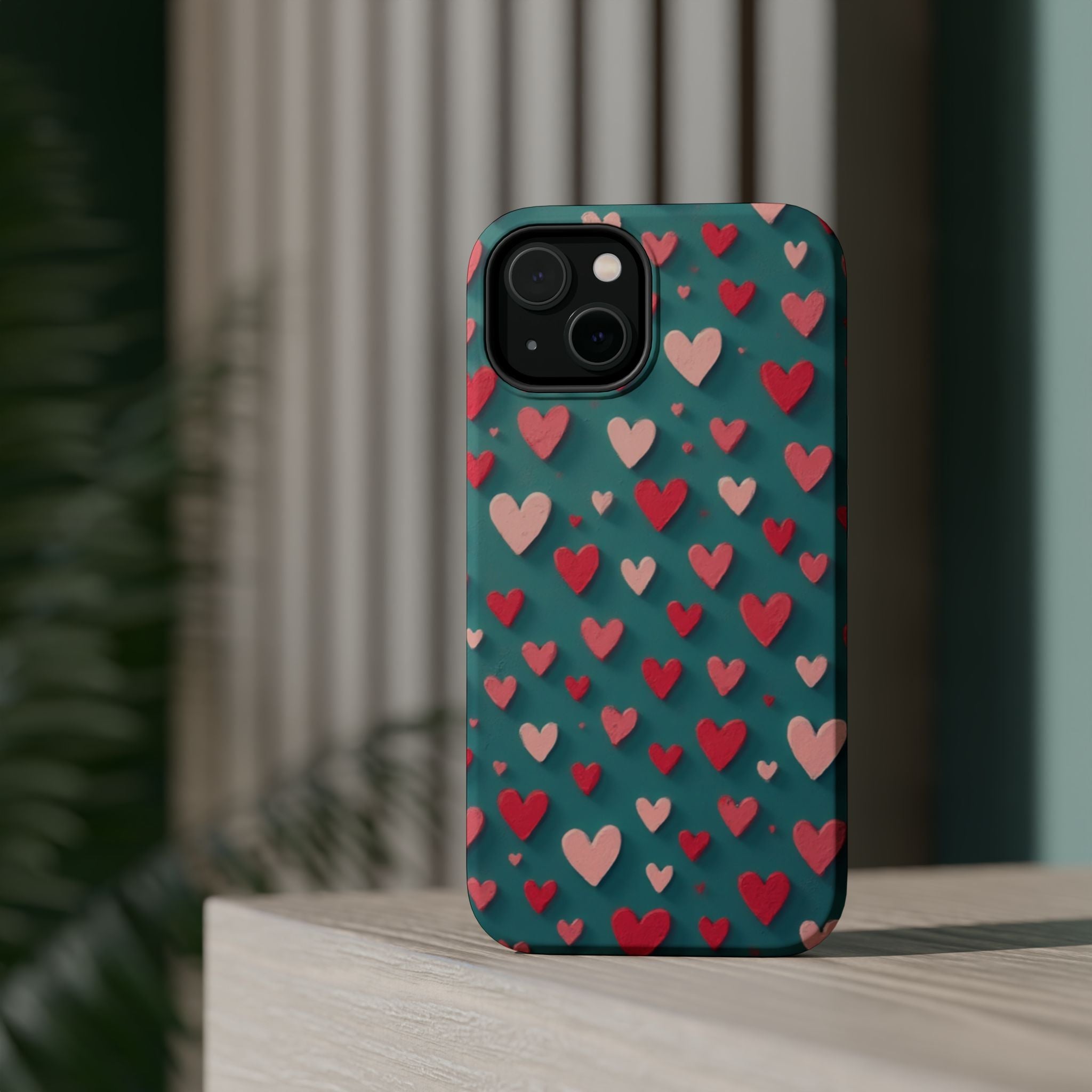Magnetic Impact-Resistant Phone Case — Teal Love Hearts Pattern