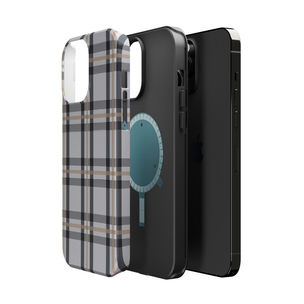 Plaid Magnetic Impact-Resistant Phone Case — Grey & Tan Classic Pattern