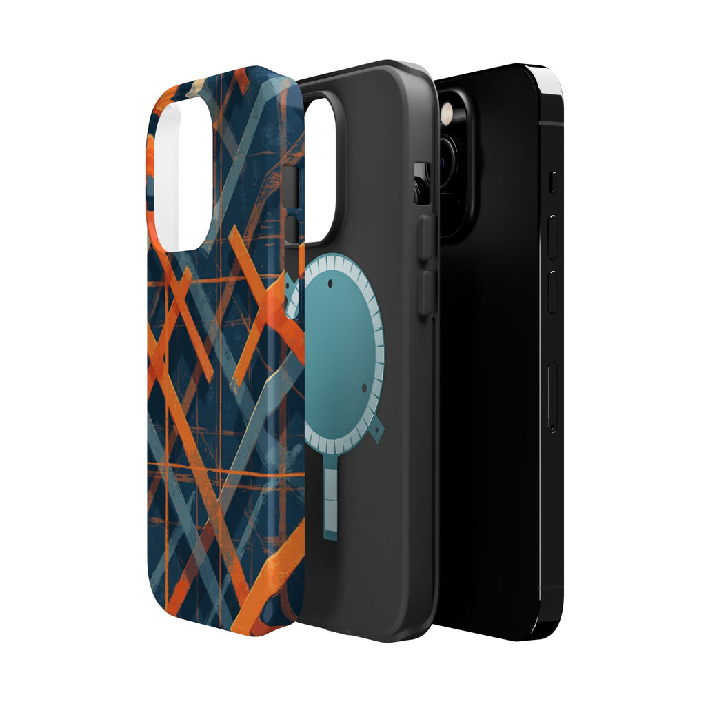 Magnetic Impact-Resistant Phone Case — Geometric Orange & Navy Plaid