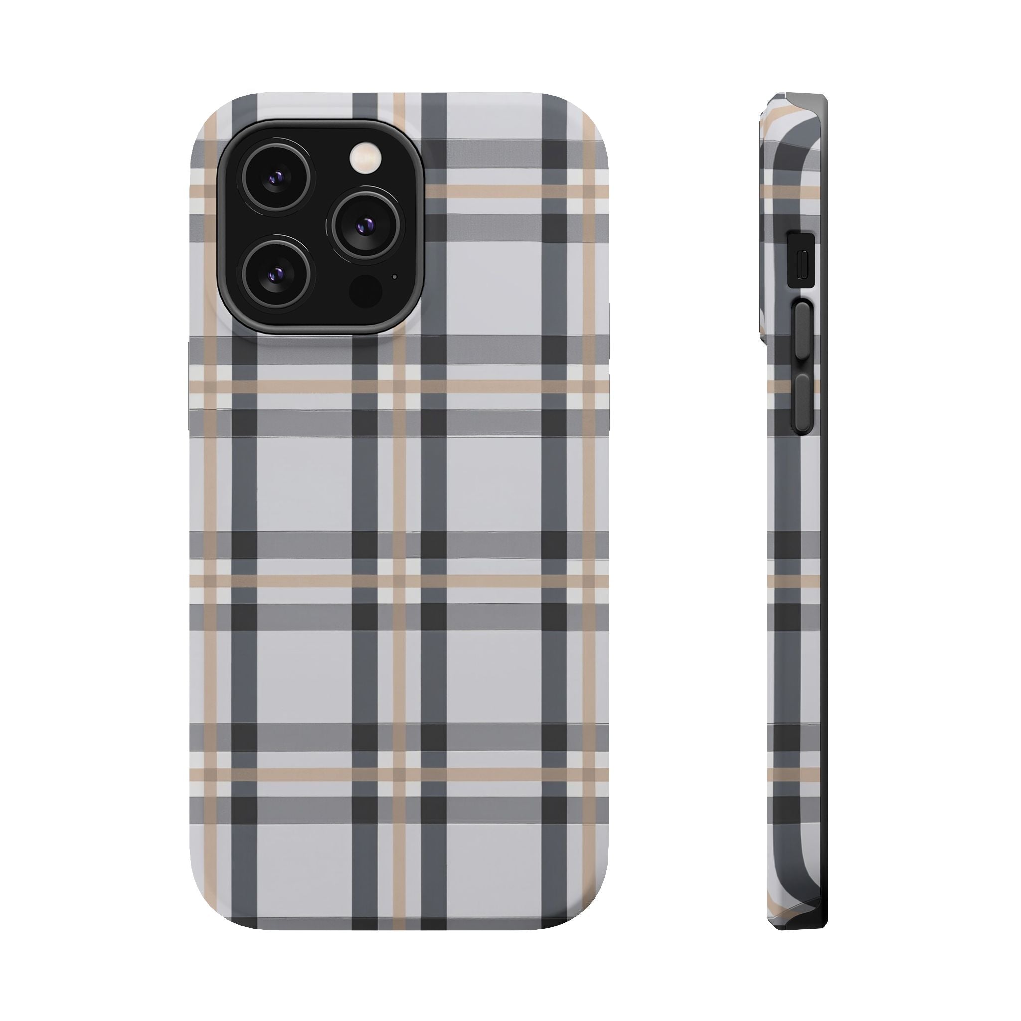 Plaid Magnetic Impact-Resistant Phone Case — Grey & Tan Classic Pattern