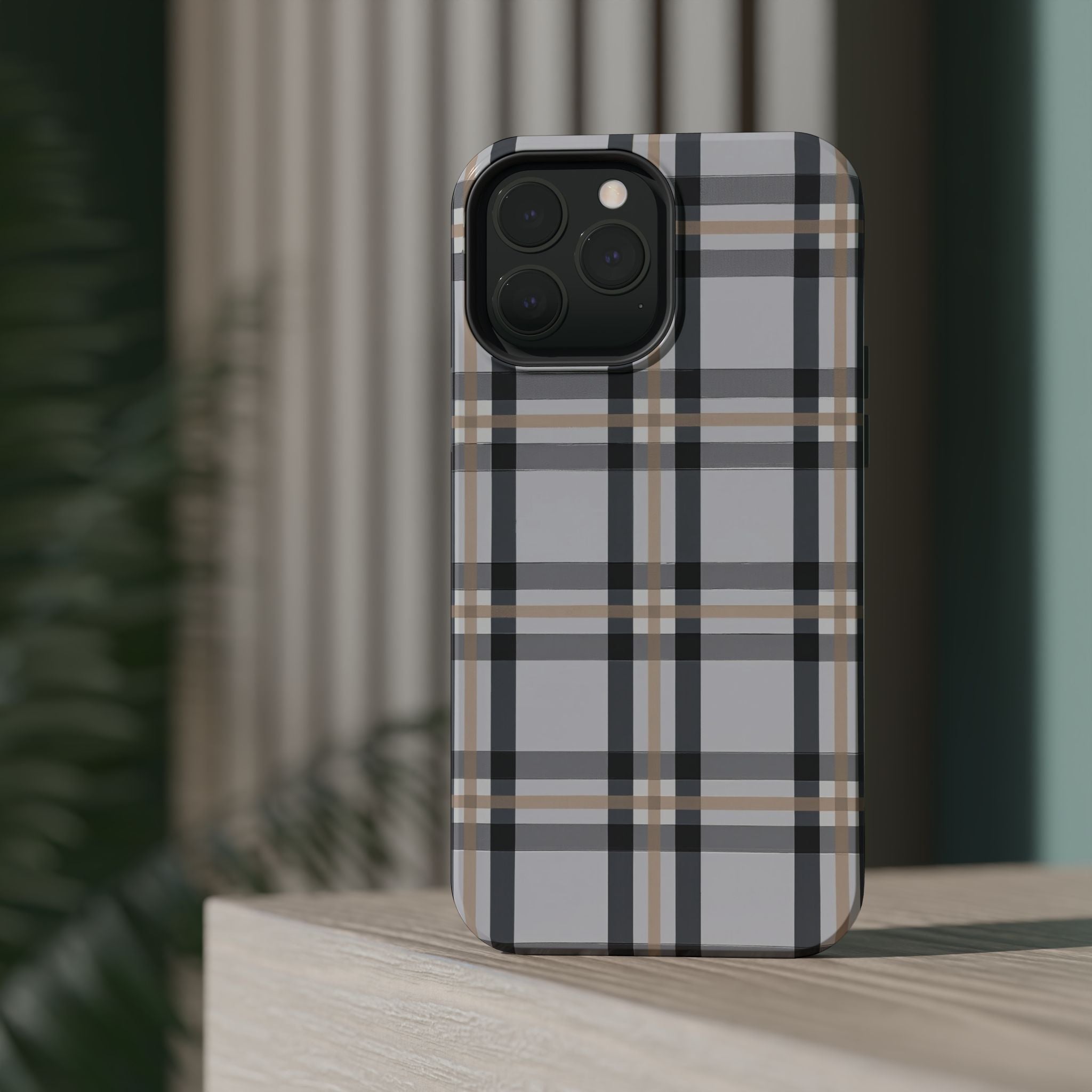 Plaid Magnetic Impact-Resistant Phone Case — Grey & Tan Classic Pattern