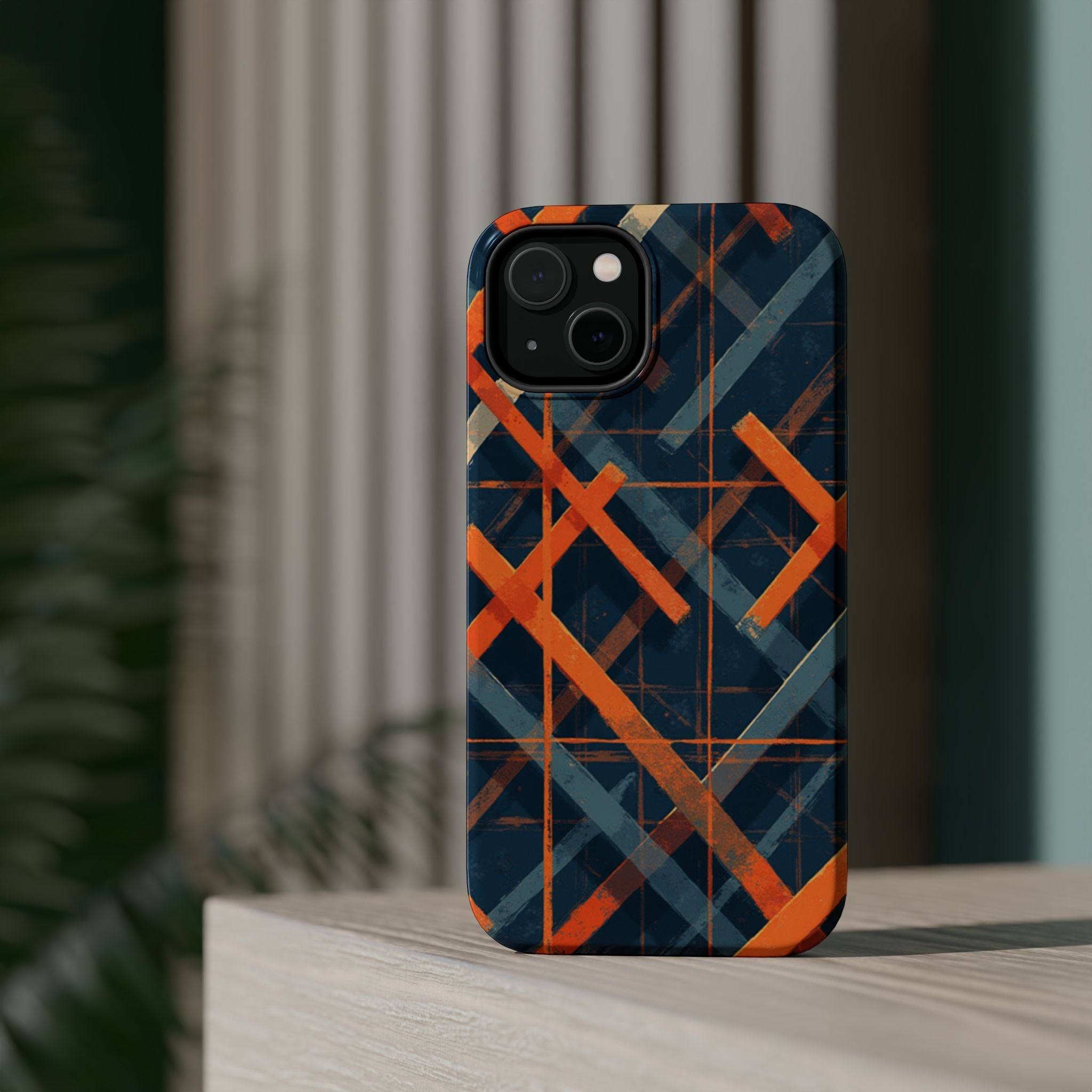 Magnetic Impact-Resistant Phone Case — Geometric Orange & Navy Plaid